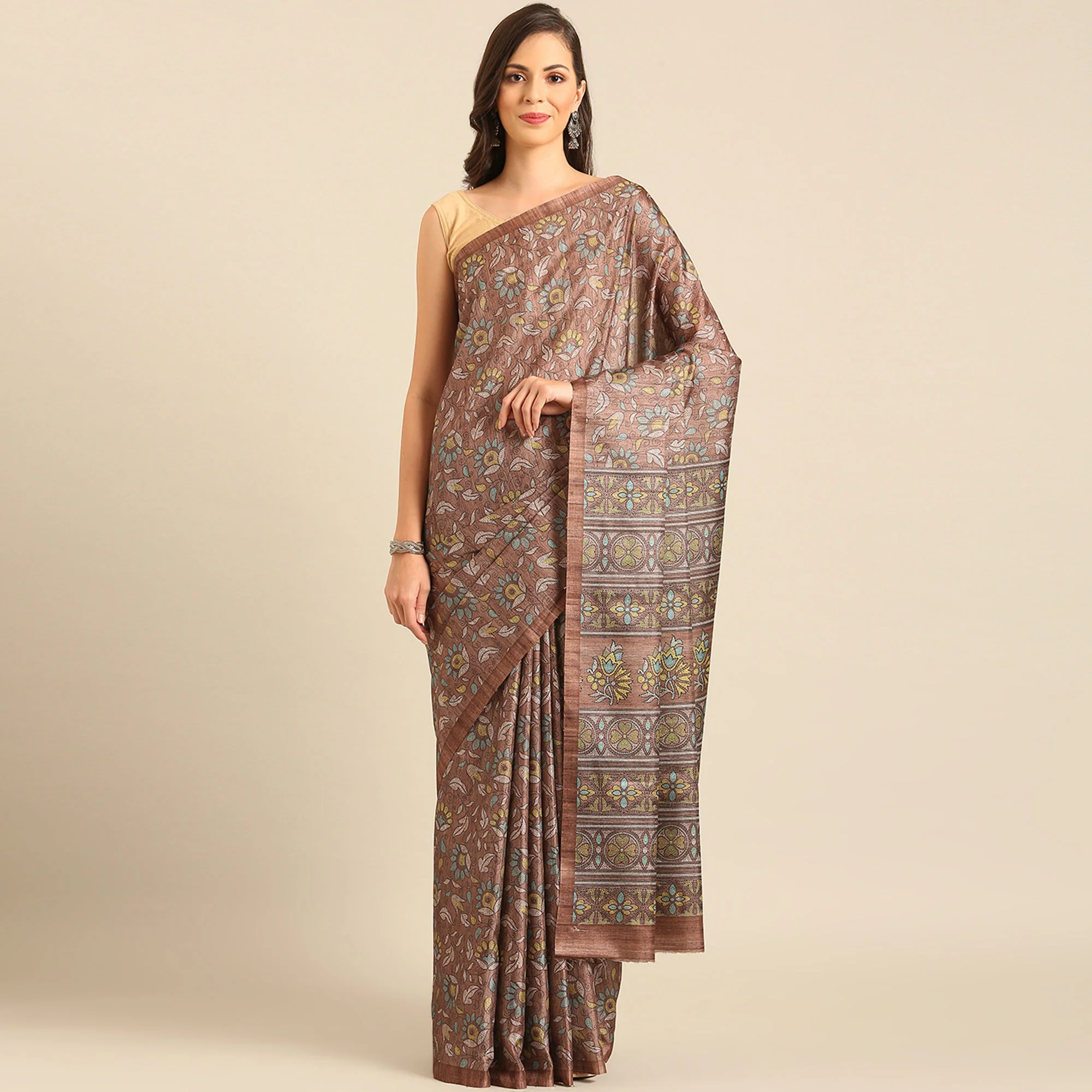 Brown Floral Digital Print Cotton Blend Saree - Image 2