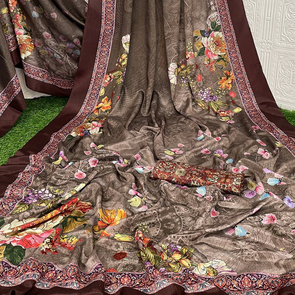Brown Floral Digital Printed Chinon Silk Saree - Image 2