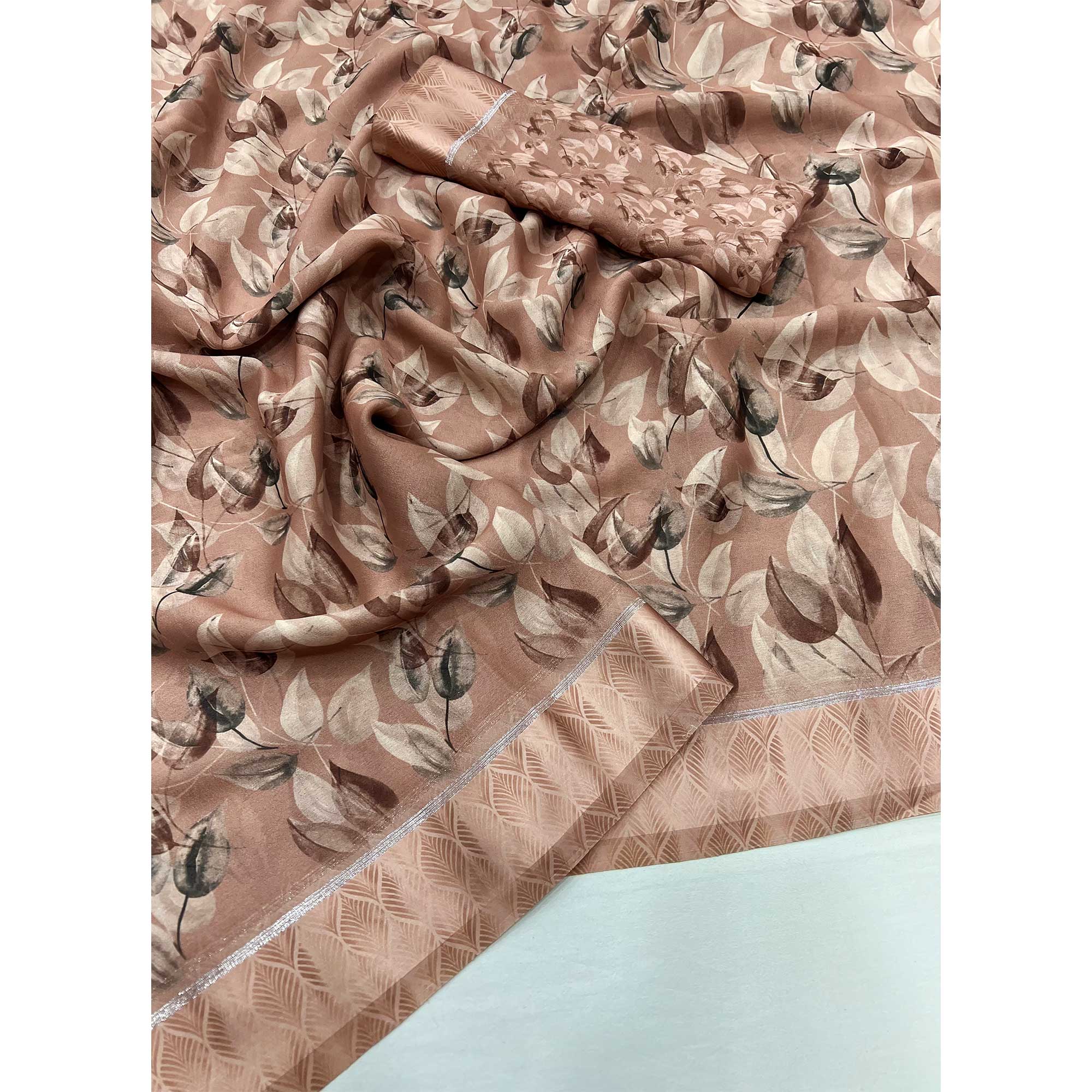 Brown Floral Digital Printed Georgette Saree With Fancy Zari Border - Image 3