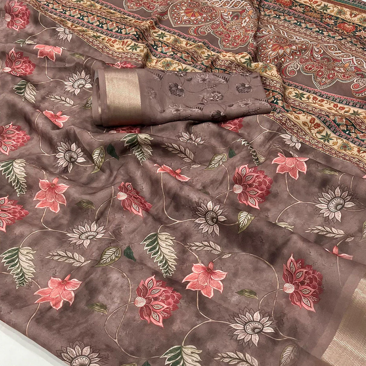 Brown Floral Digital Printed Georgette Saree With Zari Border - Image 2
