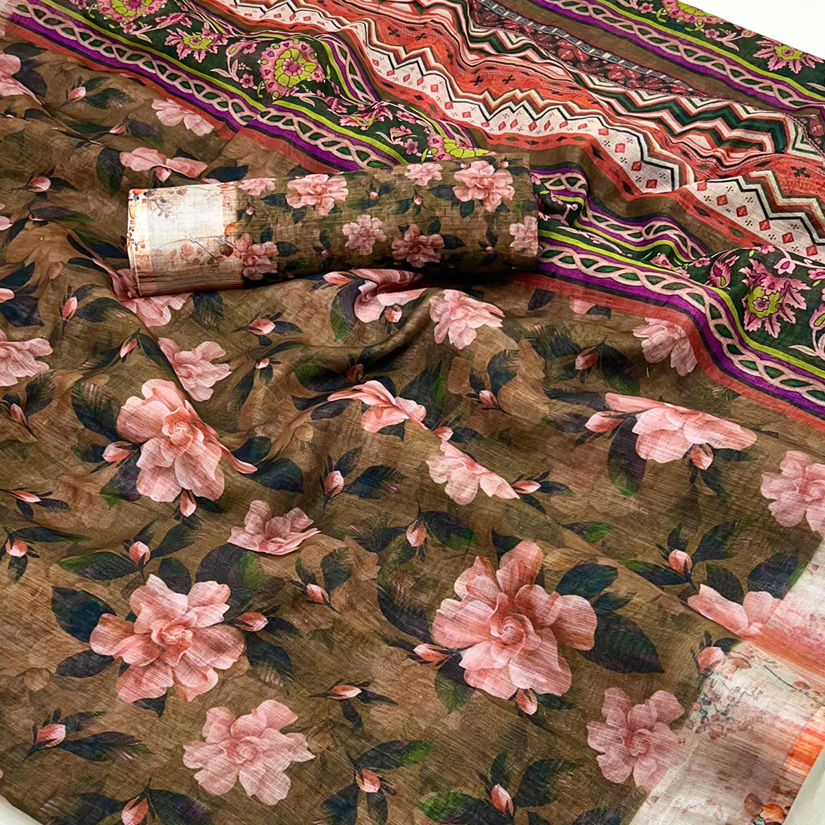 Brown Floral Digital Printed Linen Saree With Zari Border - Image 2
