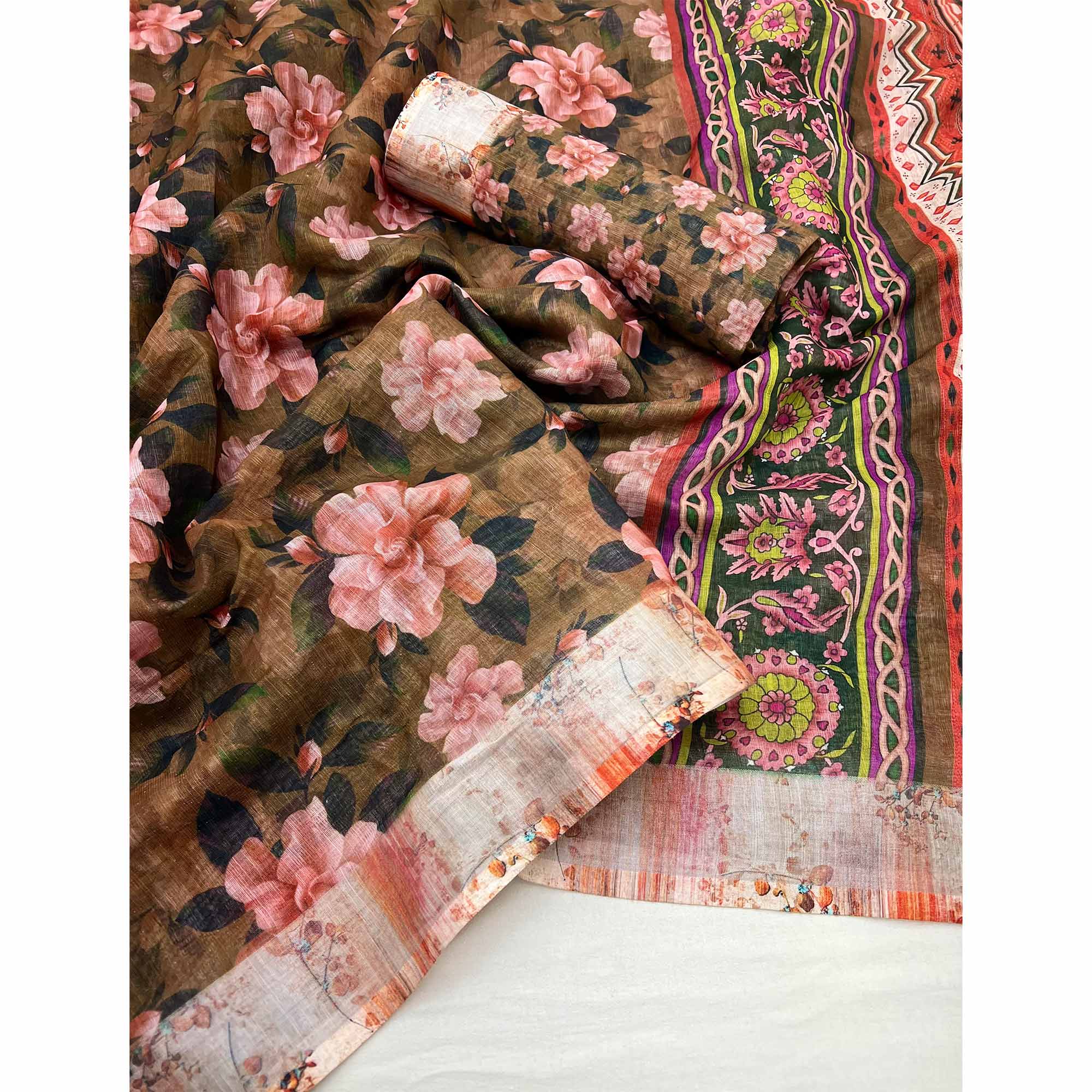 Brown Floral Digital Printed Linen Saree With Zari Border - Image 3