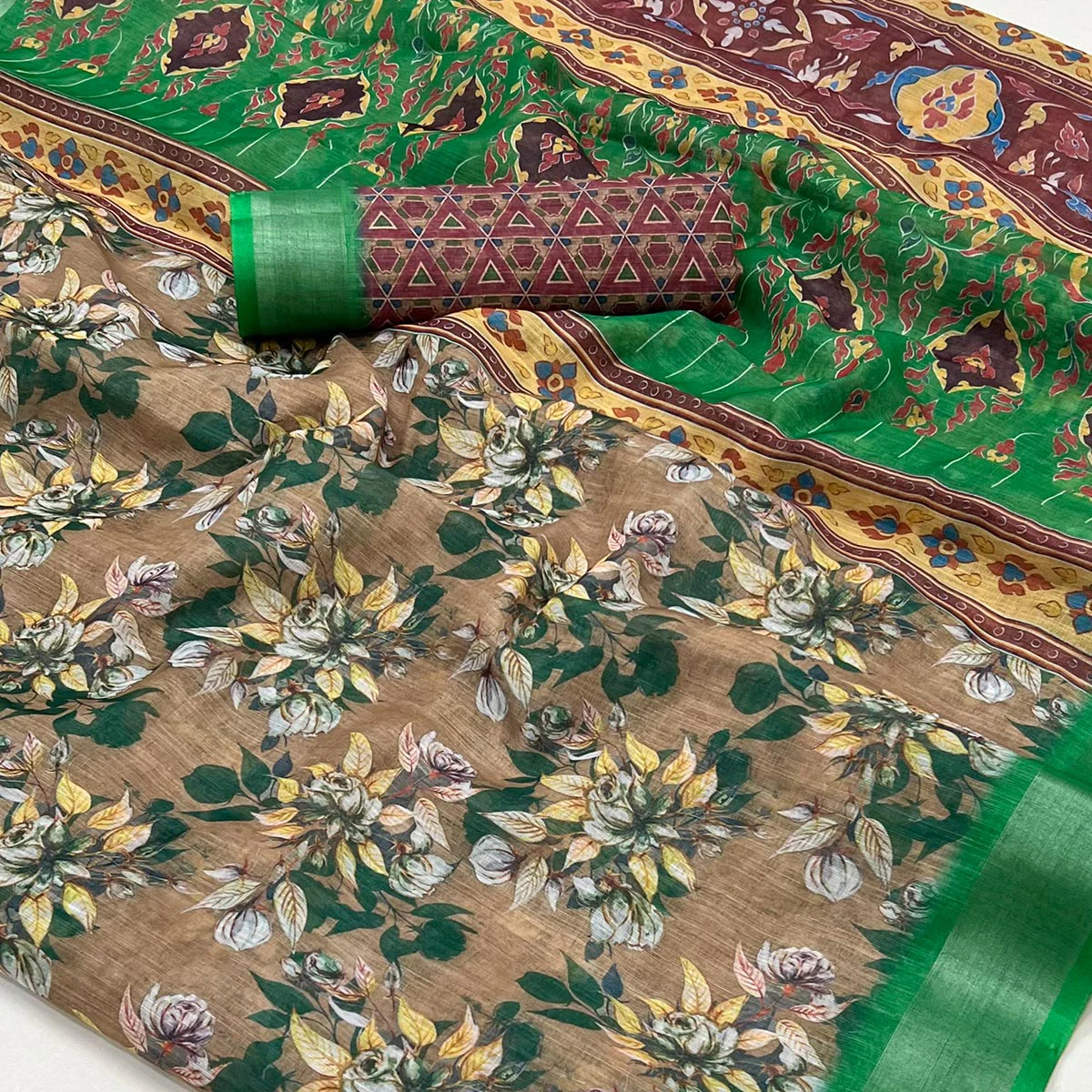 Brown Floral Digital Printed Linen Saree With Zari Border - Image 2