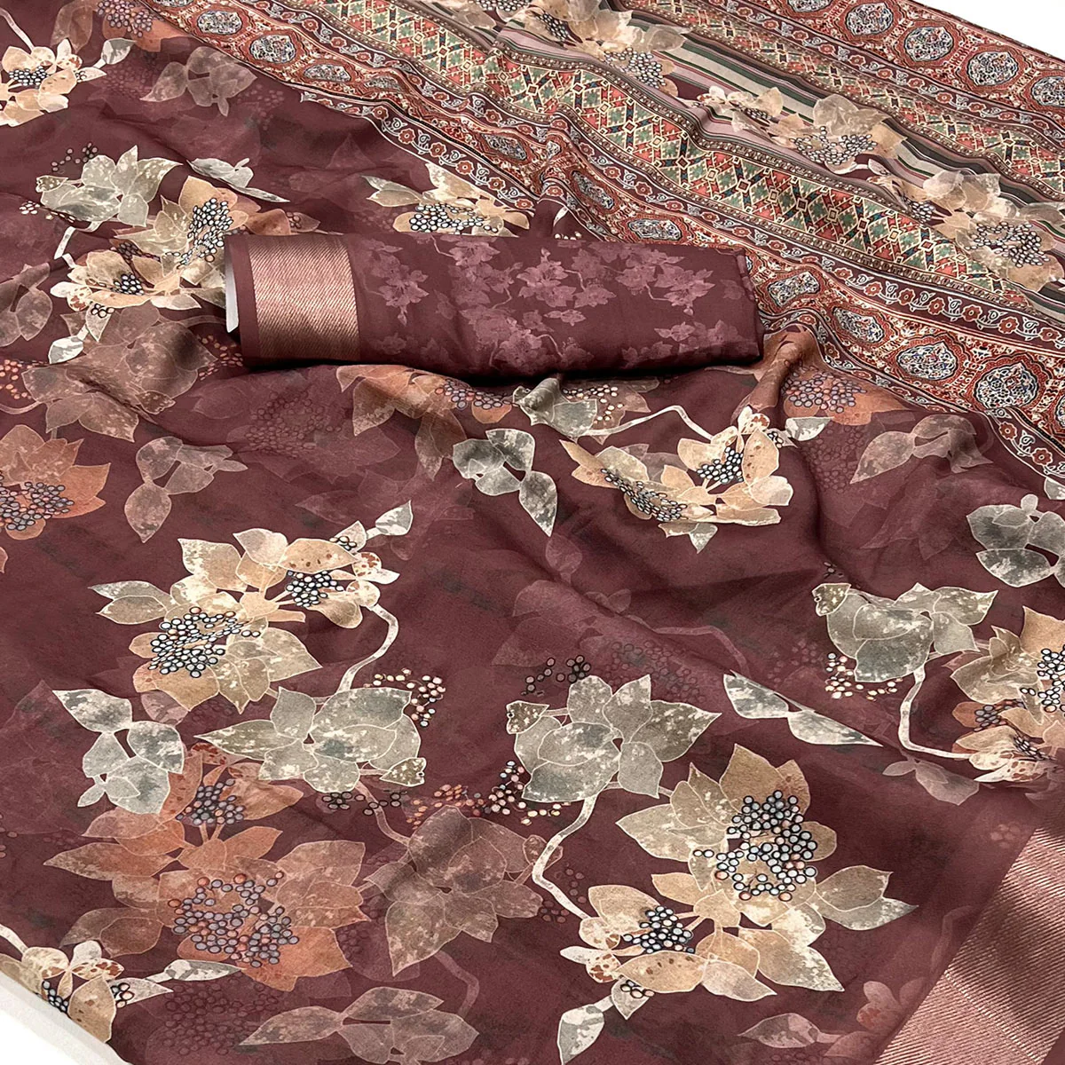 Brown Floral Digital Printed Moss Georgette Saree With Zari Border - Image 2