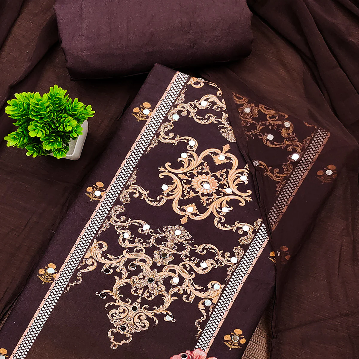 Brown Floral Digital Printed Rayon Dress Material Enhanced With Mirror Work - Image 2