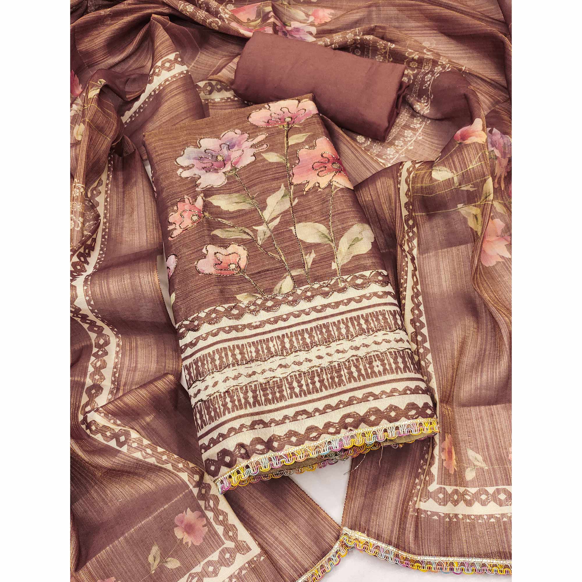 Brown Floral Digital Printed With Embroidered Cotton Silk Dress Material For Traditional Look - Image 3
