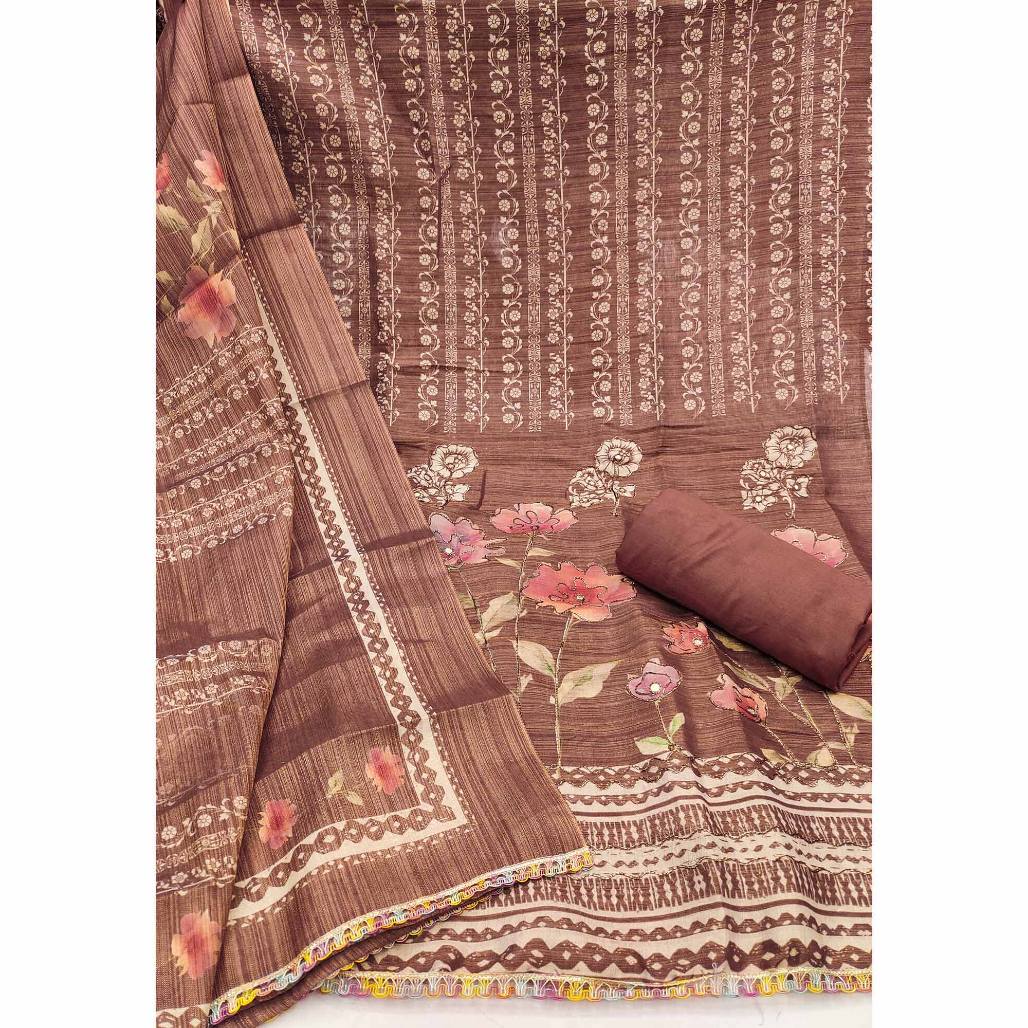 Brown Floral Digital Printed With Embroidered Cotton Silk Dress Material For Traditional Look - Image 4