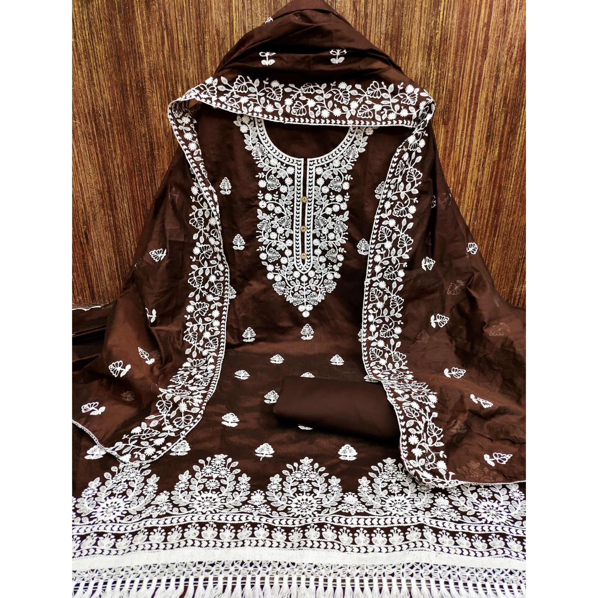 Brown Floral Embroidered Chanderi Cotton Dress Material - Image 3