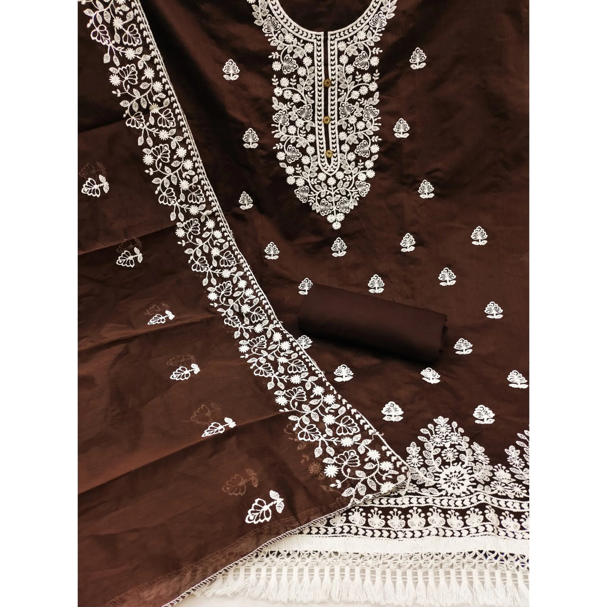 Brown Floral Embroidered Chanderi Cotton Dress Material - Image 4