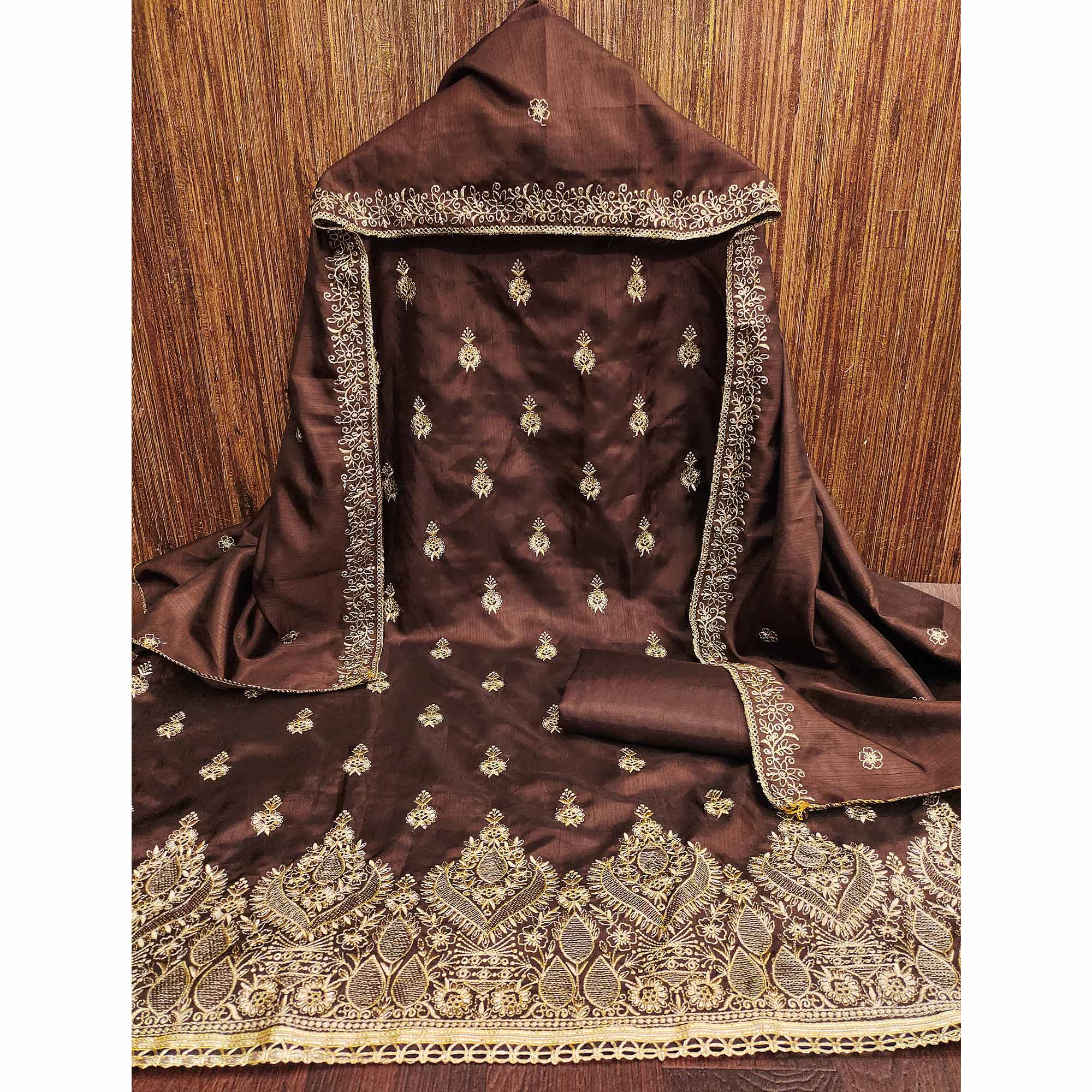Brown Floral Embroidered Cotton Blend Dress Material - Image 3