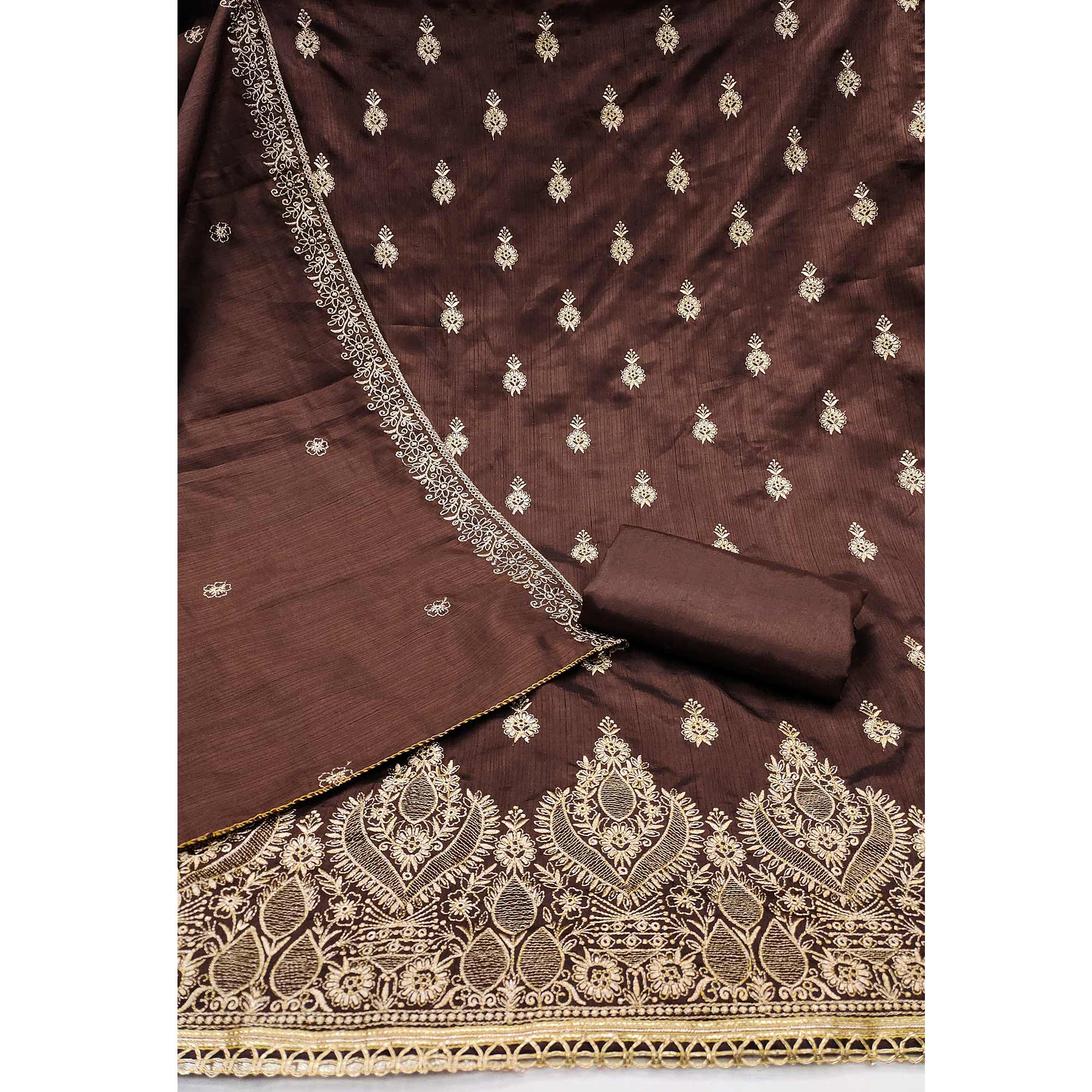 Brown Floral Embroidered Cotton Blend Dress Material - Image 4