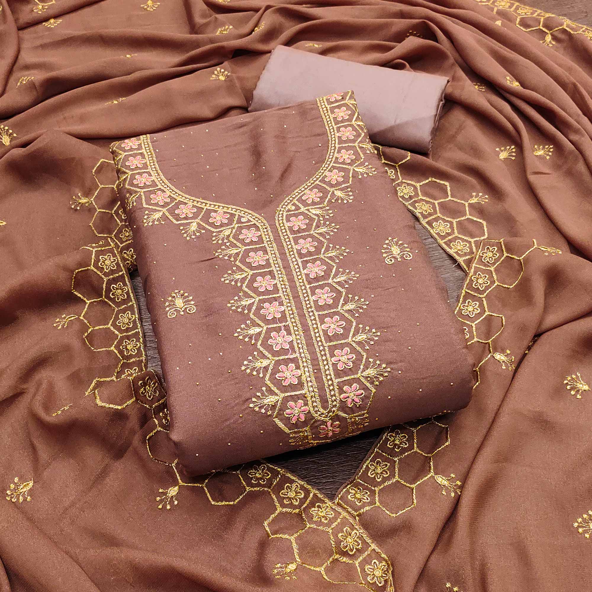 Brown Floral Embroidered Georgette Dress Material - Image 3