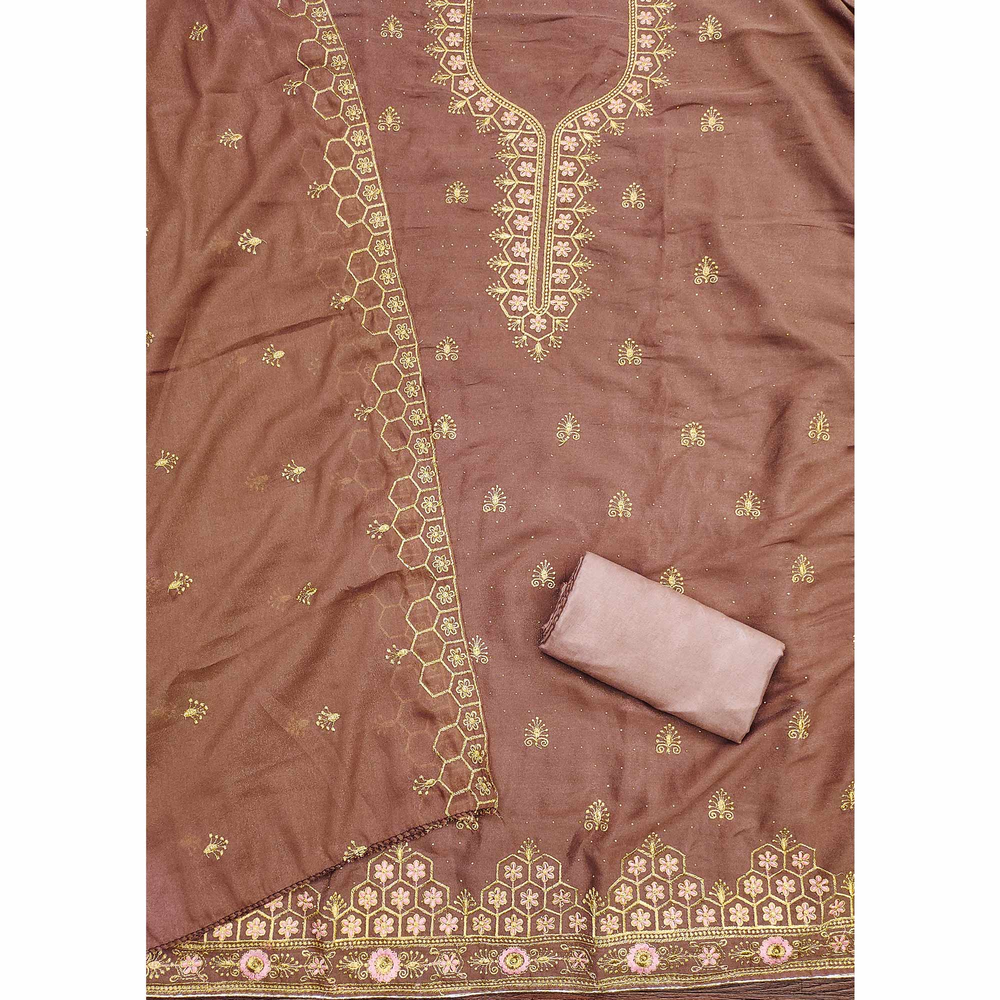 Brown Floral Embroidered Georgette Dress Material - Image 4