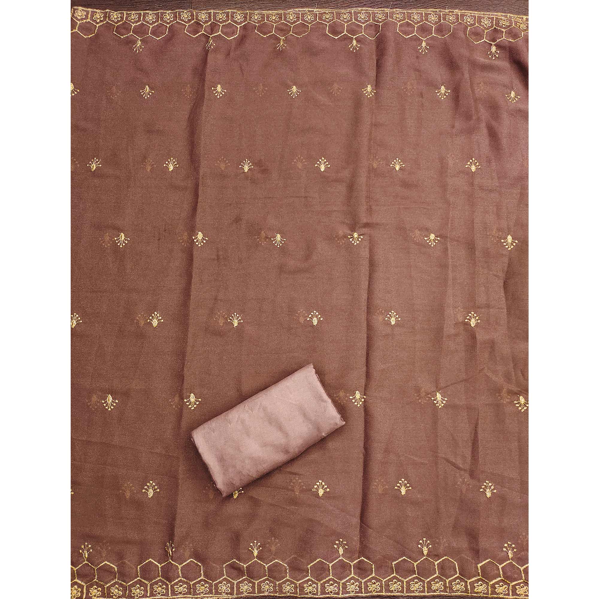 Brown Floral Embroidered Georgette Dress Material - Image 5
