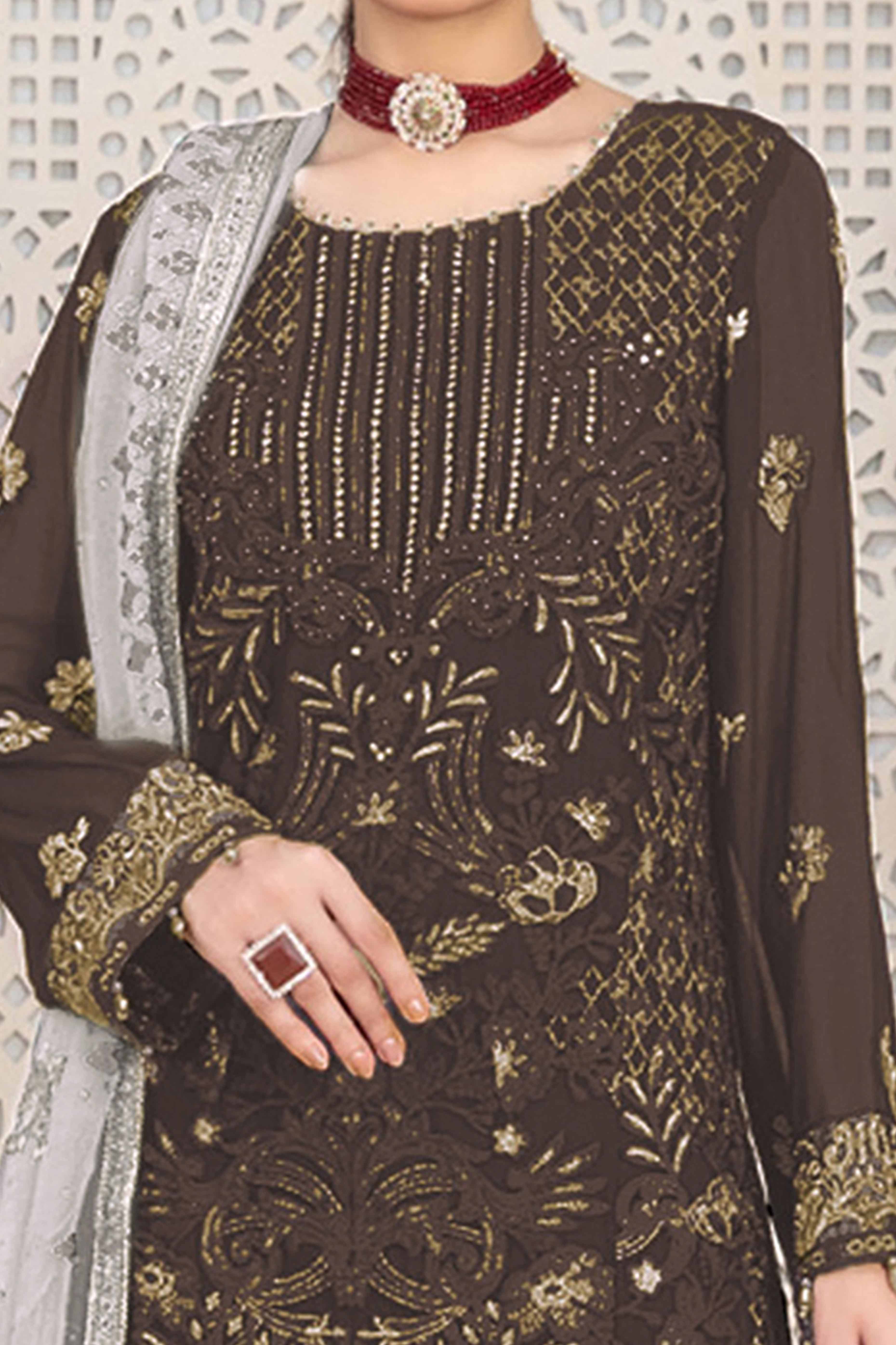 Brown Floral Embroidered Georgette Dress Material - Image 2