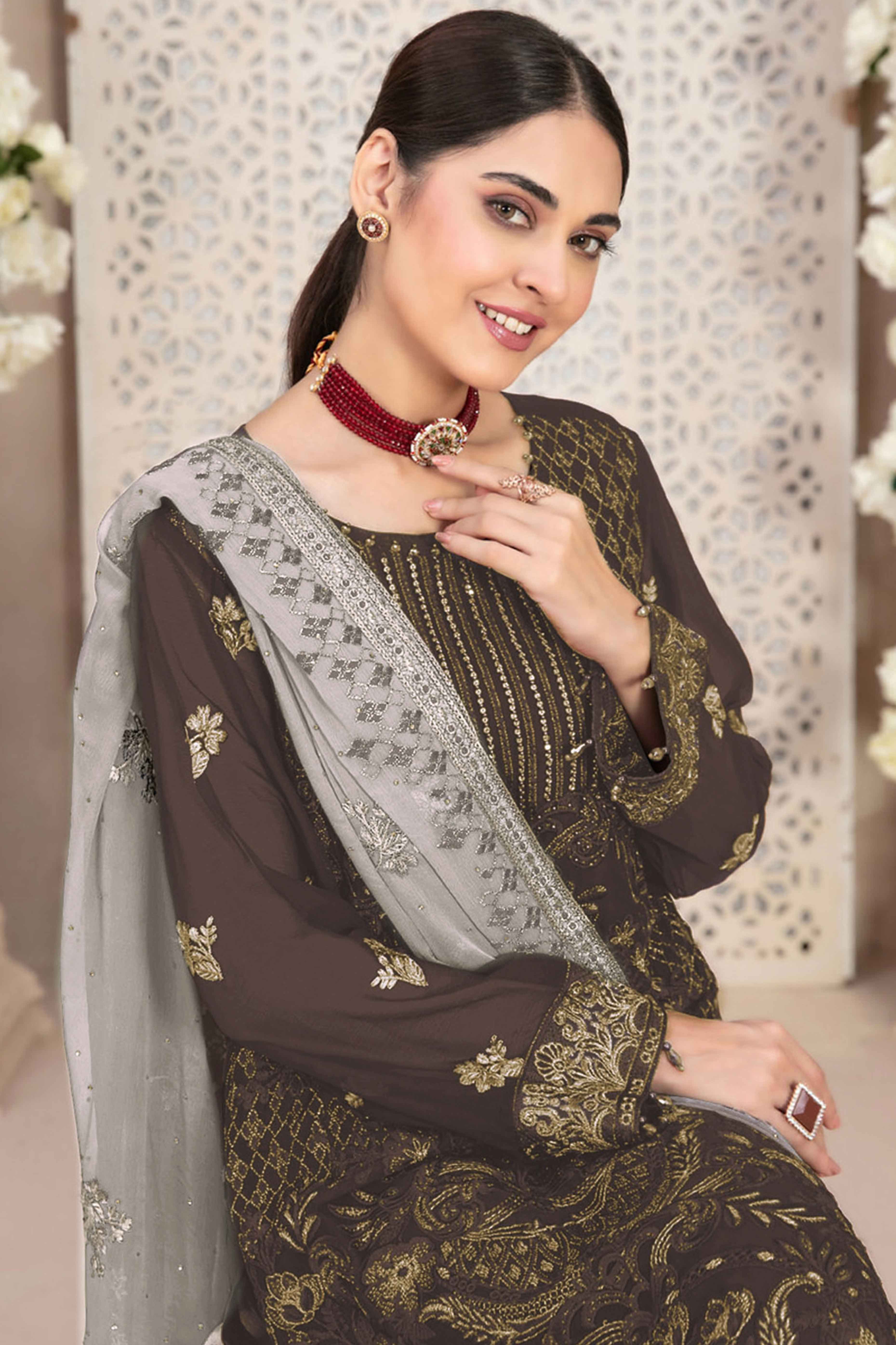 Brown Floral Embroidered Georgette Dress Material - Image 3