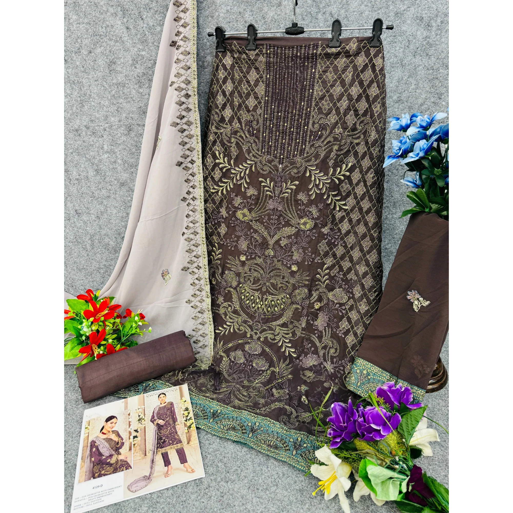 Brown Floral Embroidered Georgette Dress Material - Image 4