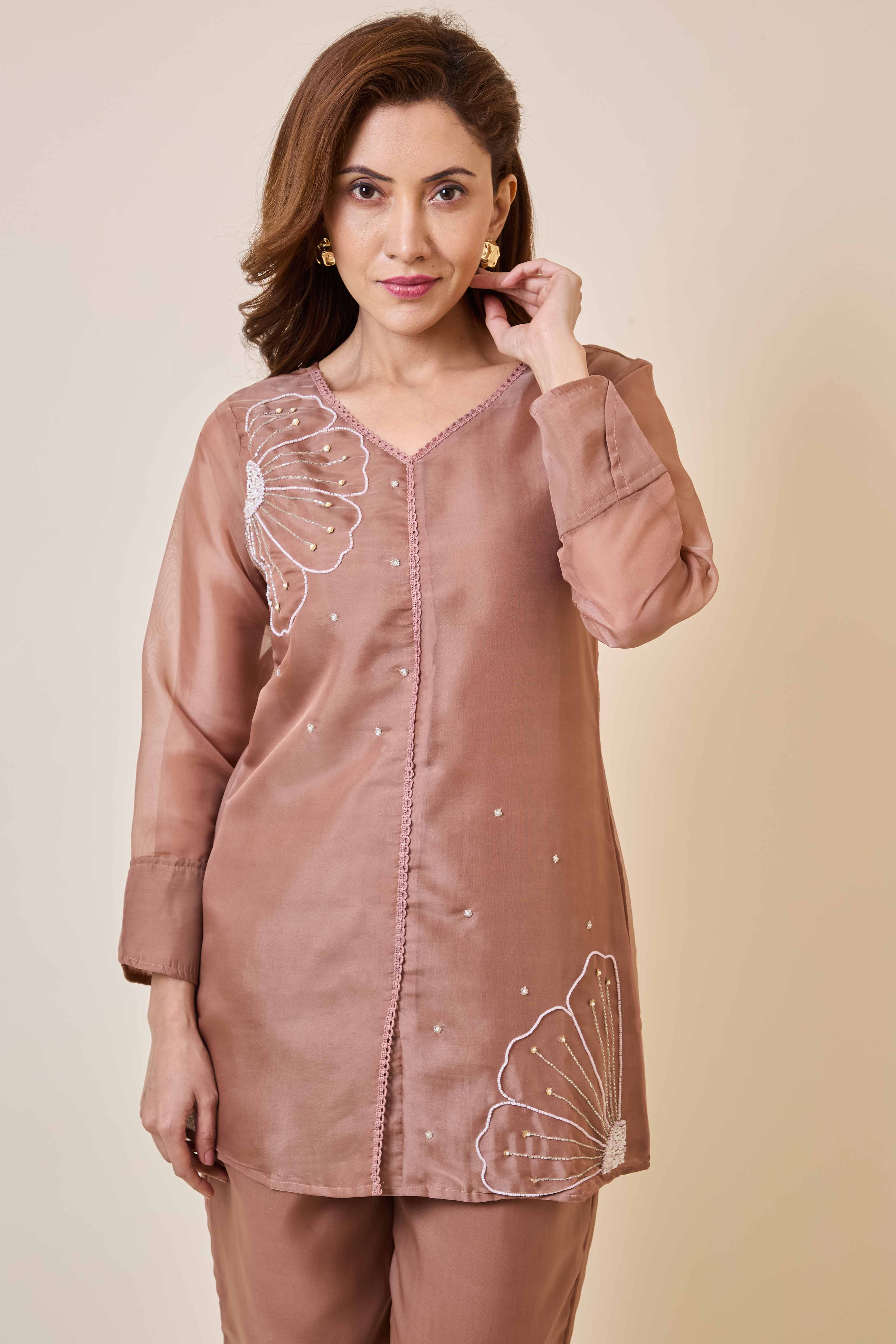 Brown Floral Embroidery Organza Co-Ord Set - Image 2