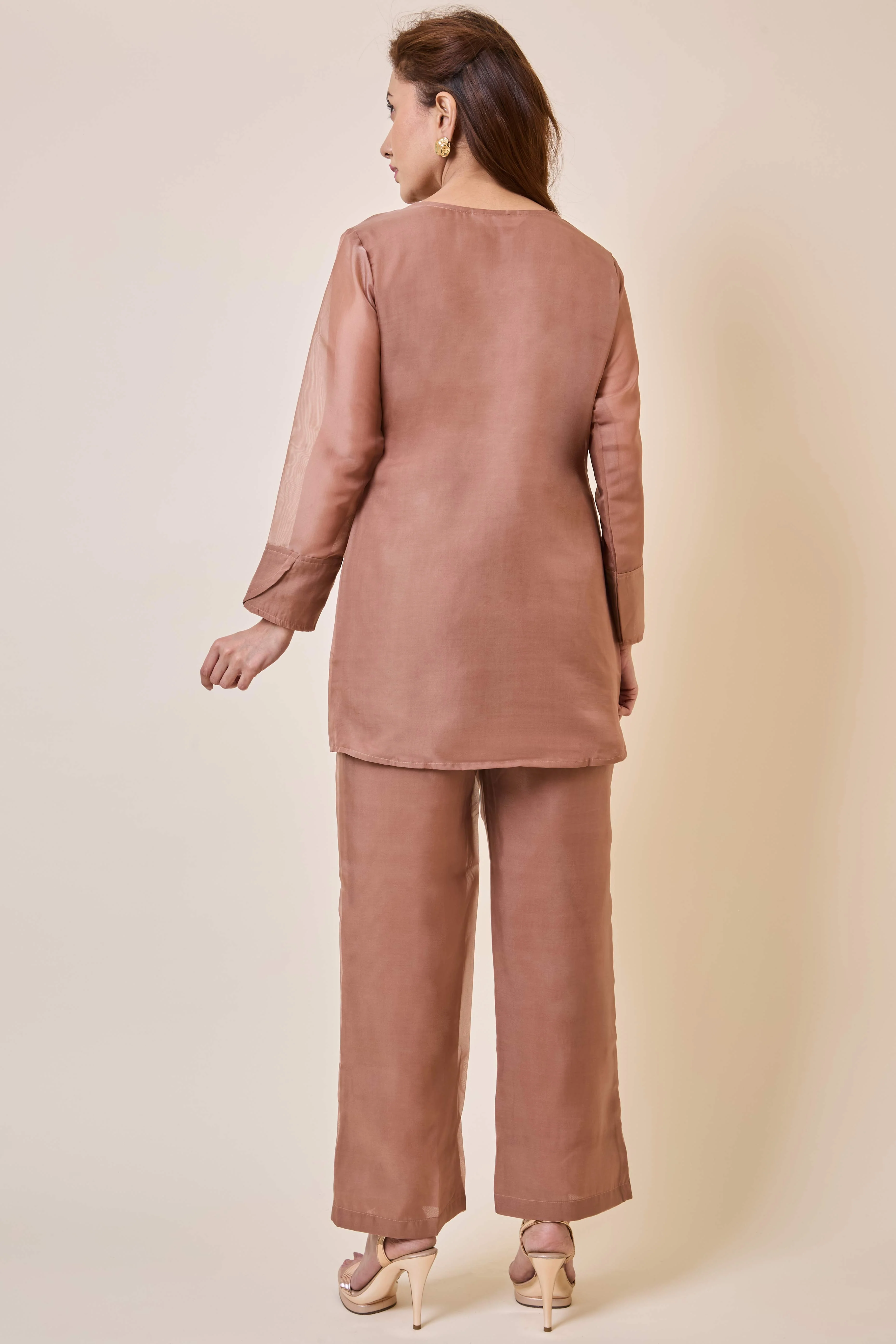 Brown Floral Embroidery Organza Co-Ord Set - Image 3