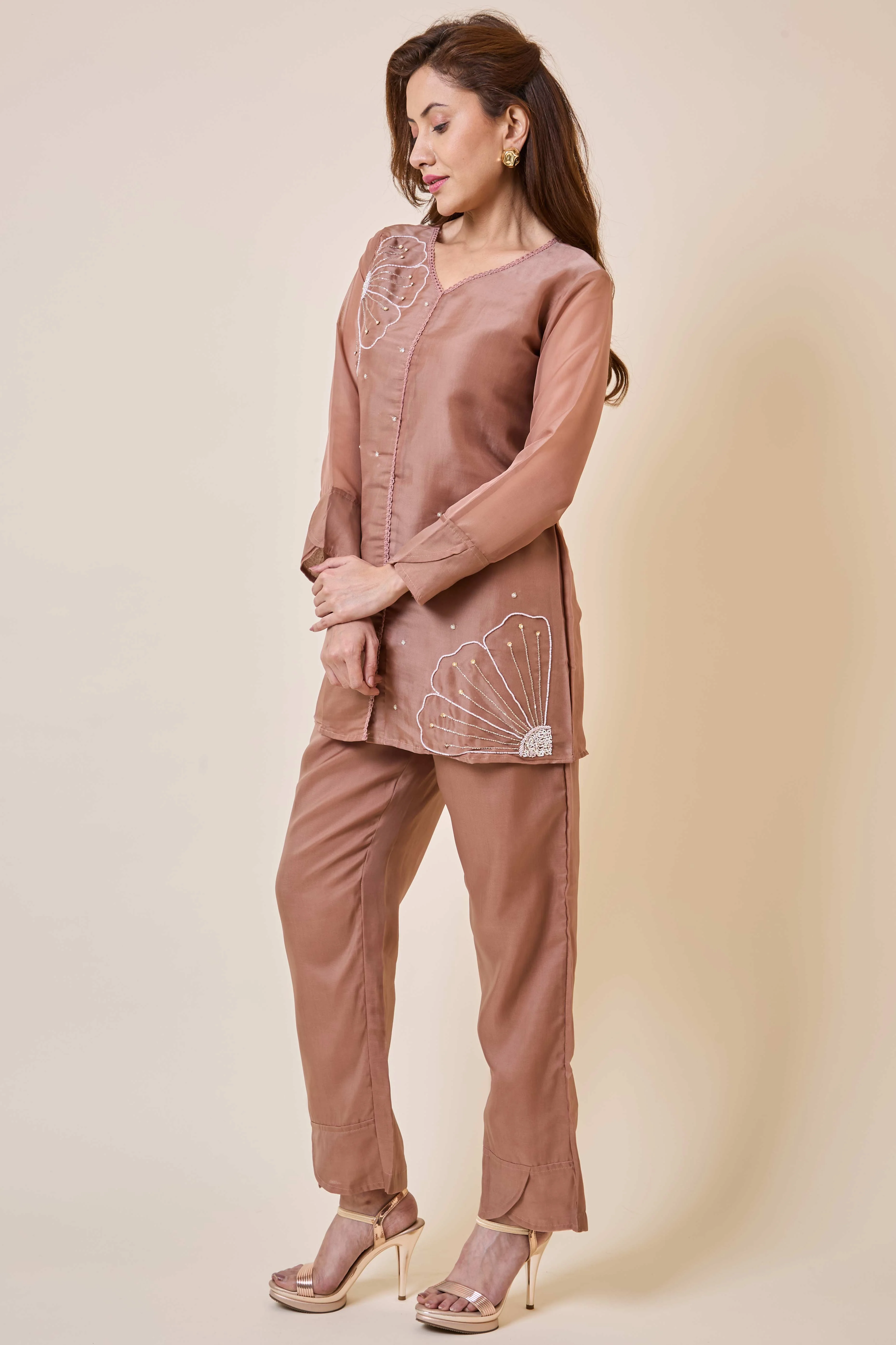 Brown Floral Embroidery Organza Co-Ord Set - Image 4