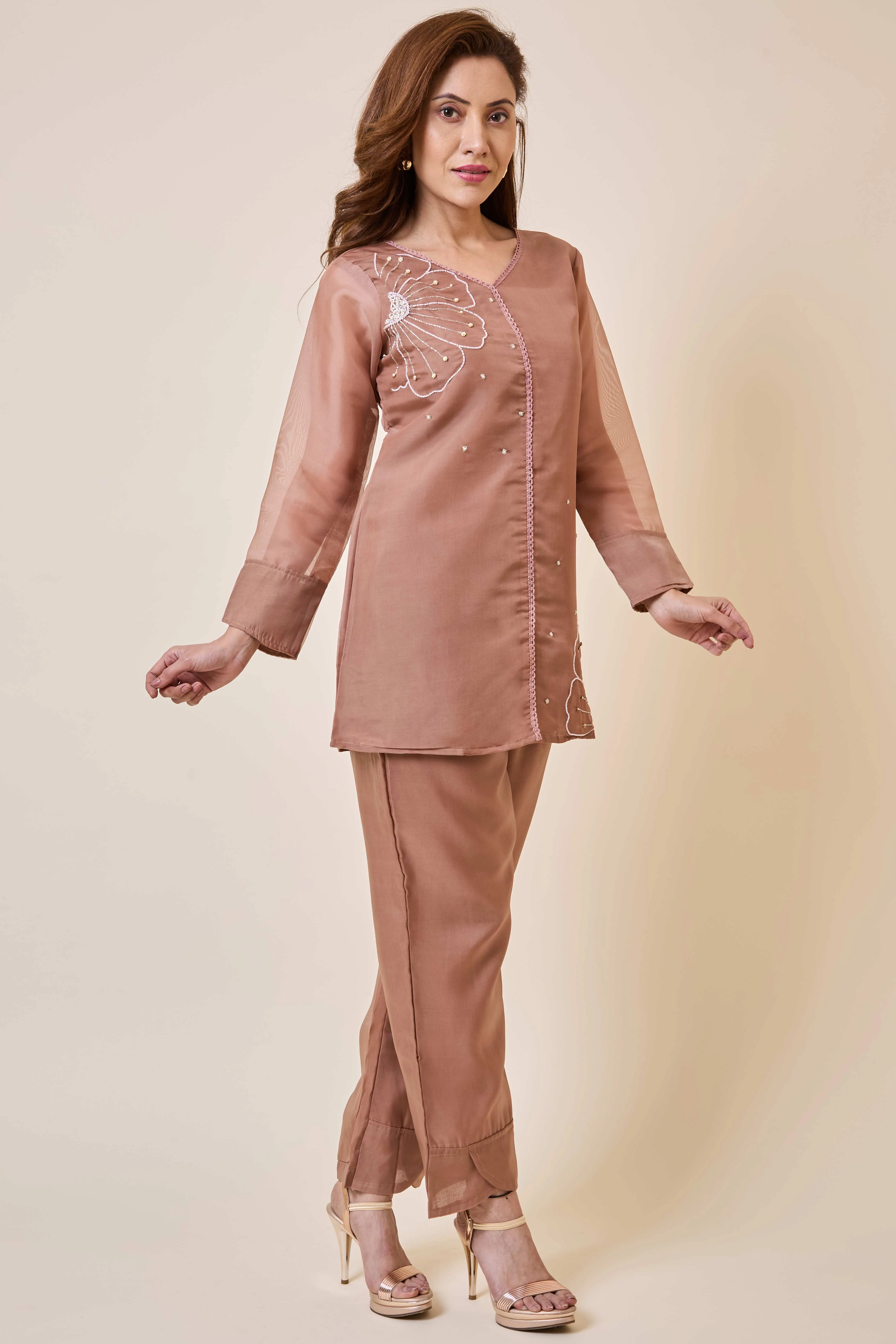 Brown Floral Embroidery Organza Co-Ord Set - Image 5