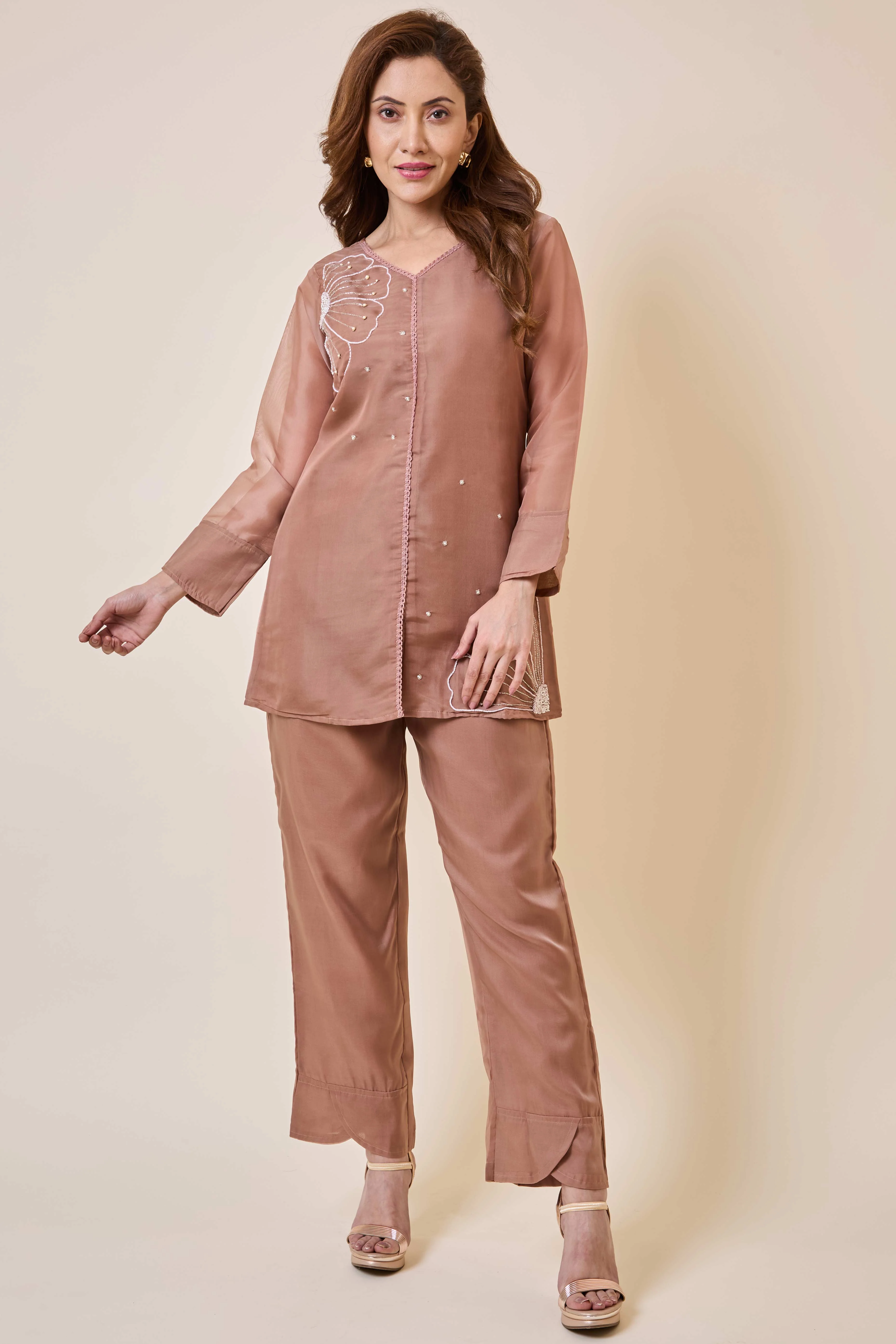 Brown Floral Embroidery Organza Co-Ord Set - Image 7