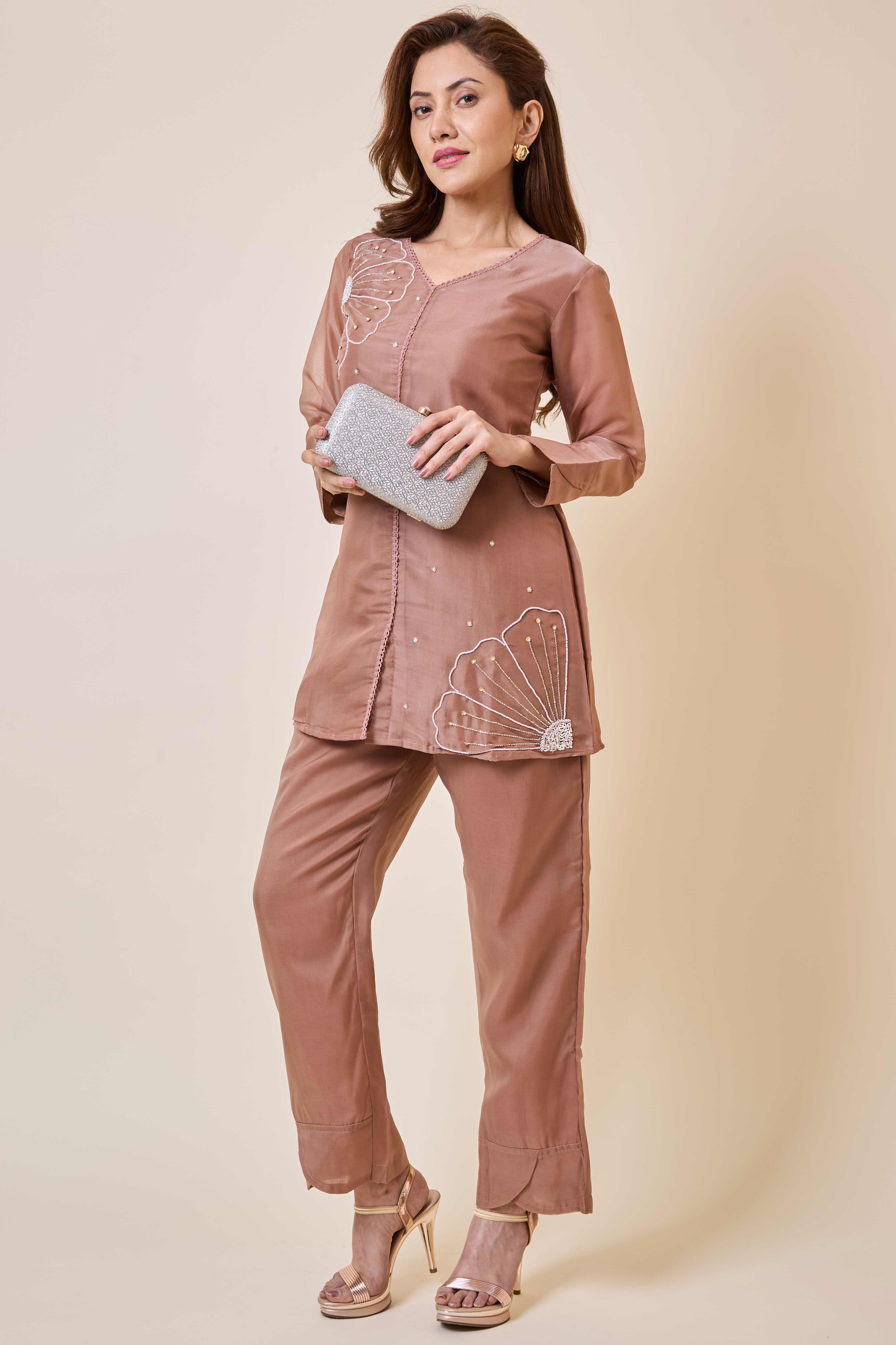 Brown Floral Embroidery Organza Co-Ord Set - Image 8
