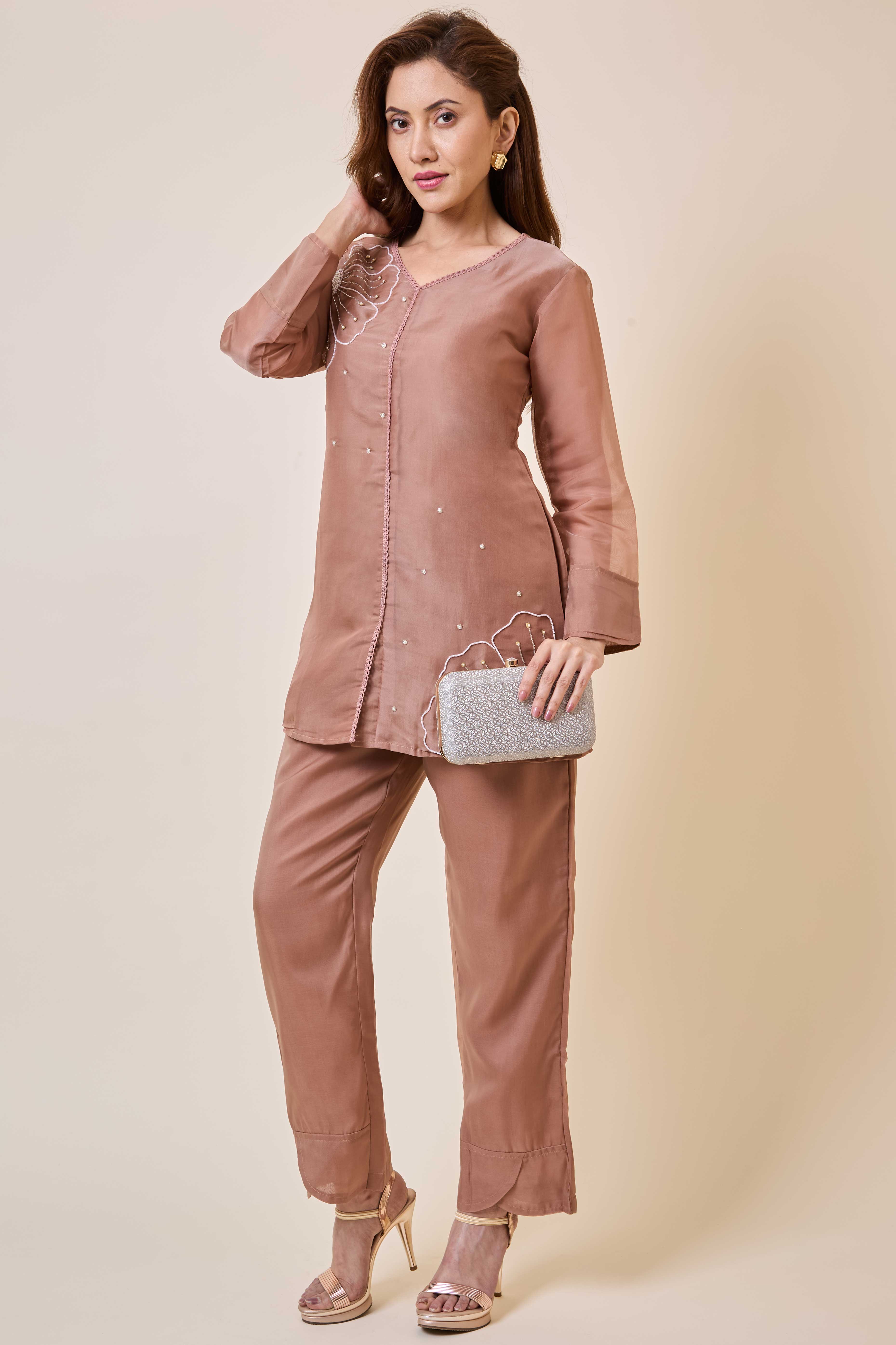 Brown Floral Embroidery Organza Co-Ord Set - Image 9