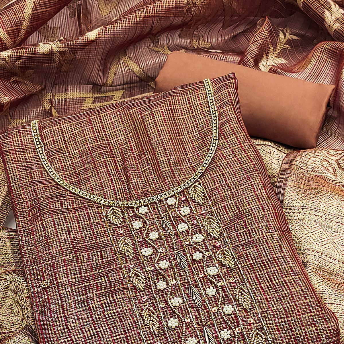 Brown Floral Handwork With Woven Viscose Dress Material - Image 2