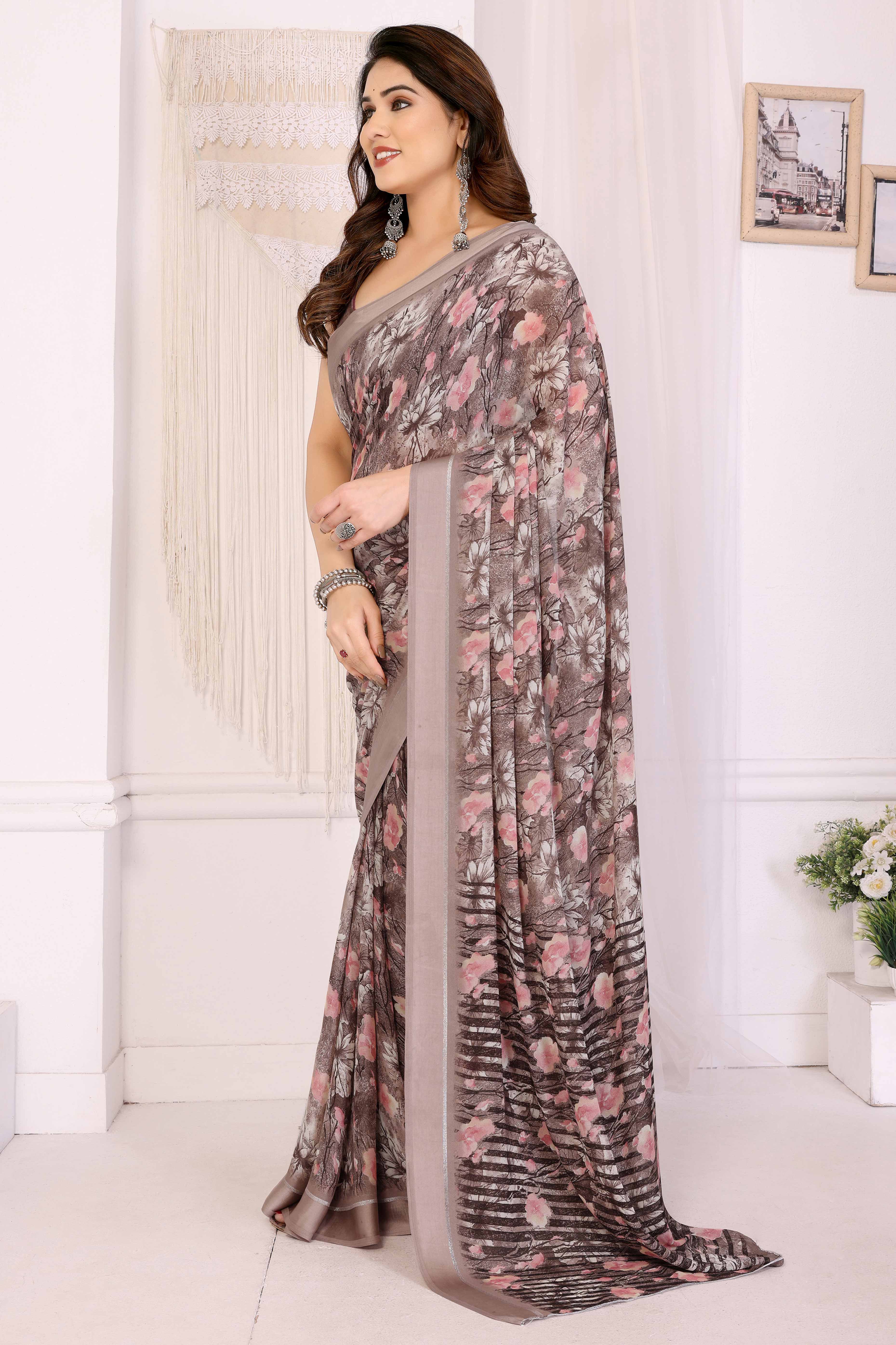 Brown Floral Printed Blue Crepe Saree Styled With A Smooth Satin Patta Border - Image 4