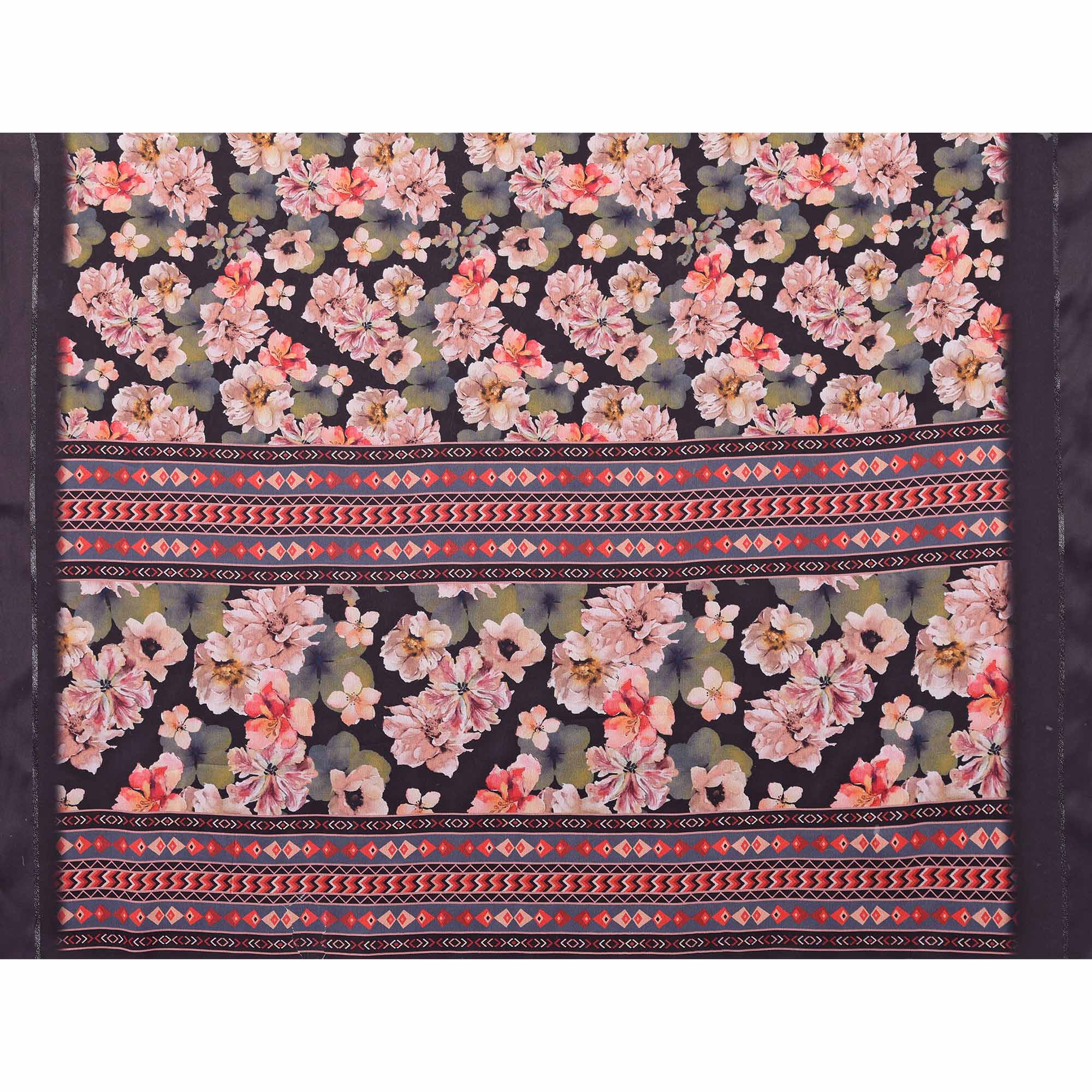 Brown Floral Printed Chiffon Saree - Image 8