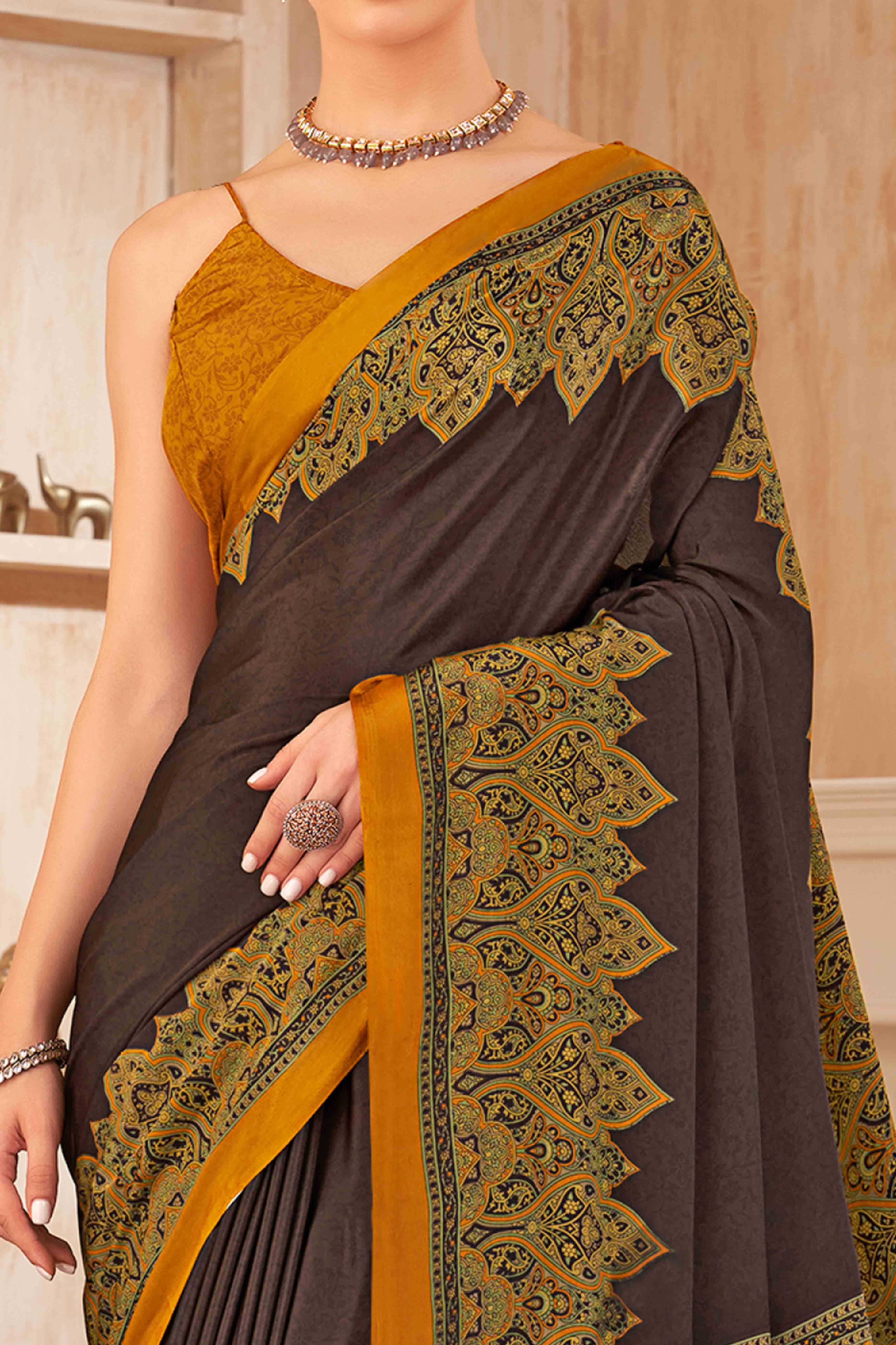 Brown Floral Printed Crepe Silk Saree - Image 2