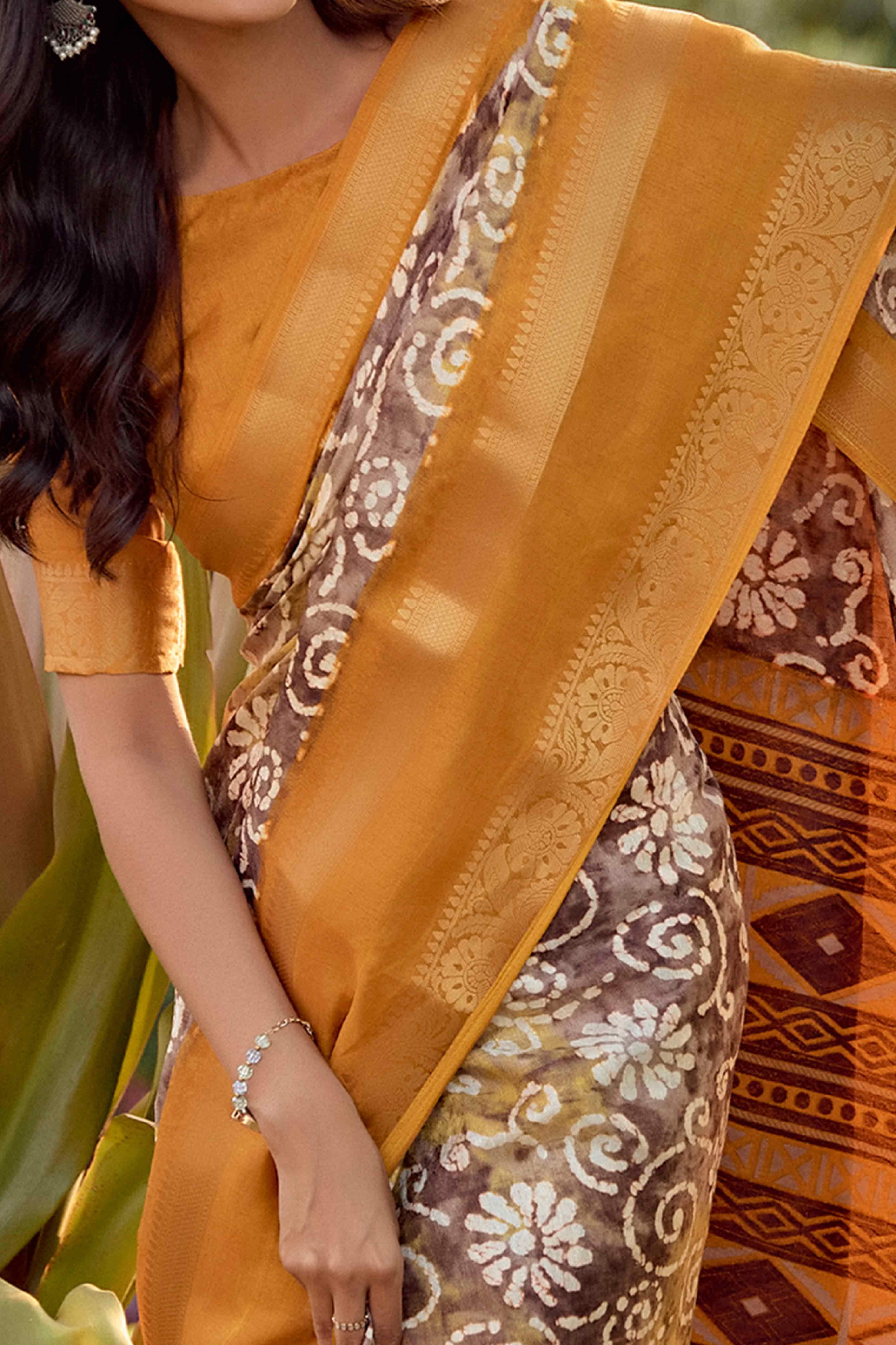 Brown Floral Printed Dola Silk Saree - Image 2