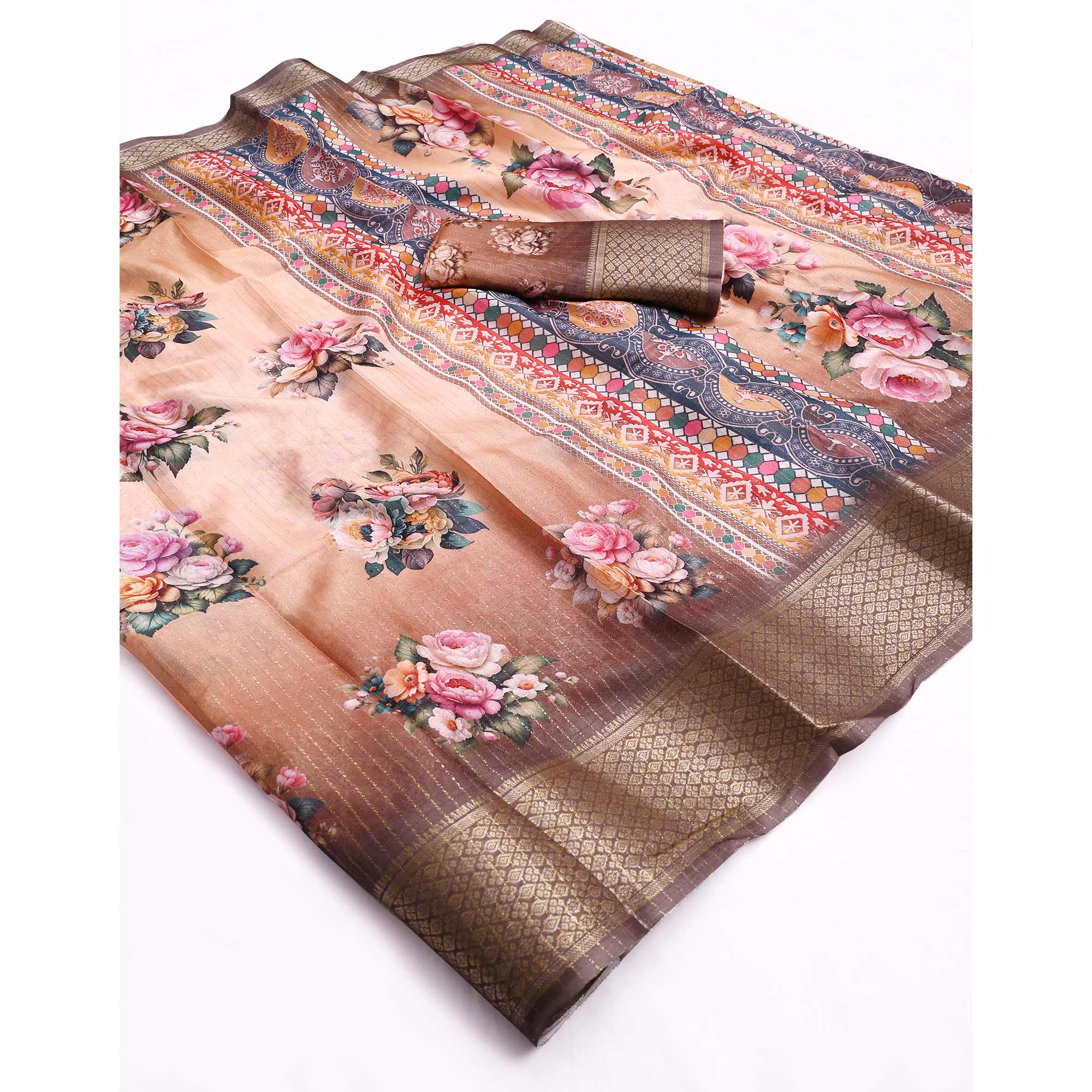 Brown Floral Printed Dola Silk Saree With Elegant Silver Zari & Intricate Weaving Border - Image 3