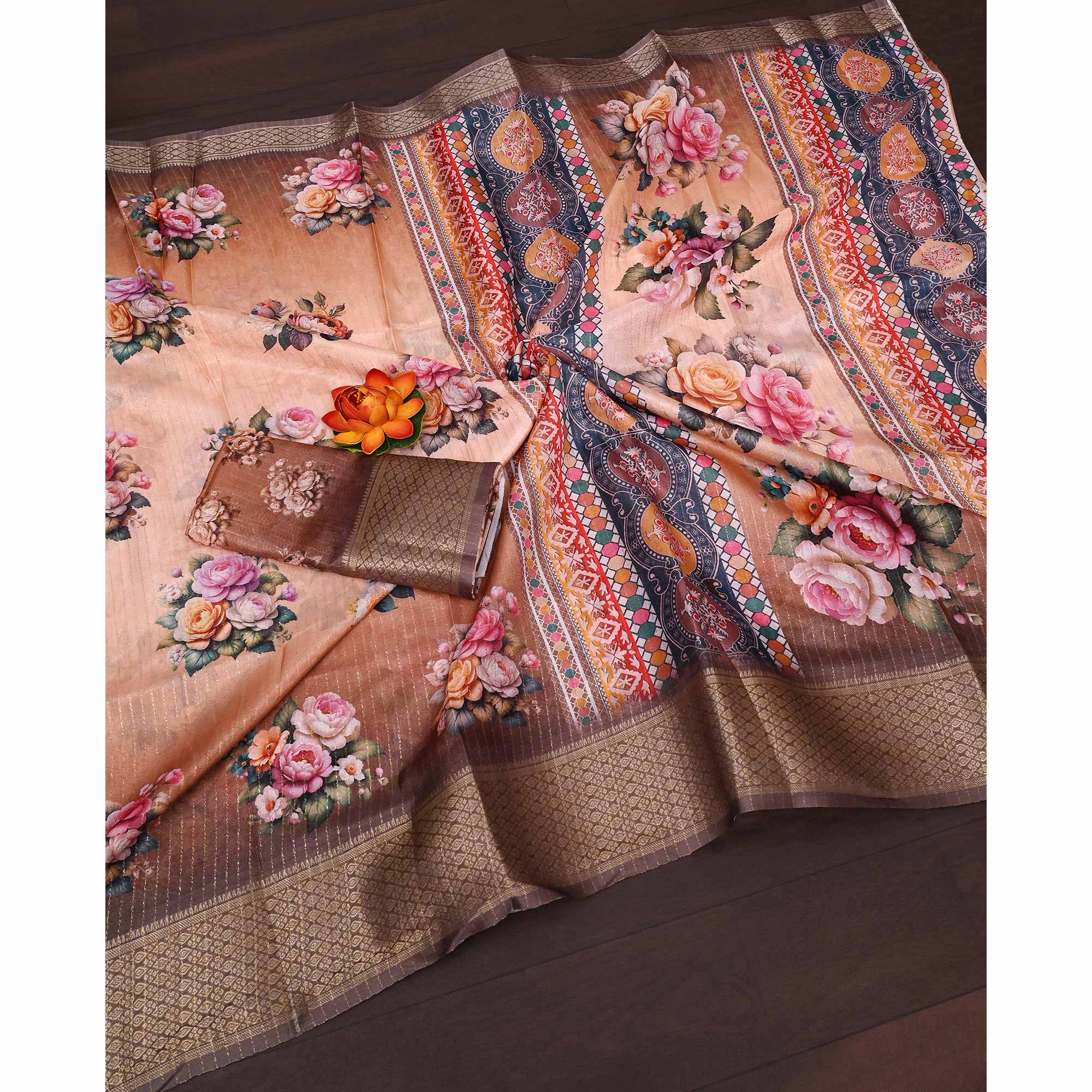 Brown Floral Printed Dola Silk Saree With Elegant Silver Zari & Intricate Weaving Border - Image 4