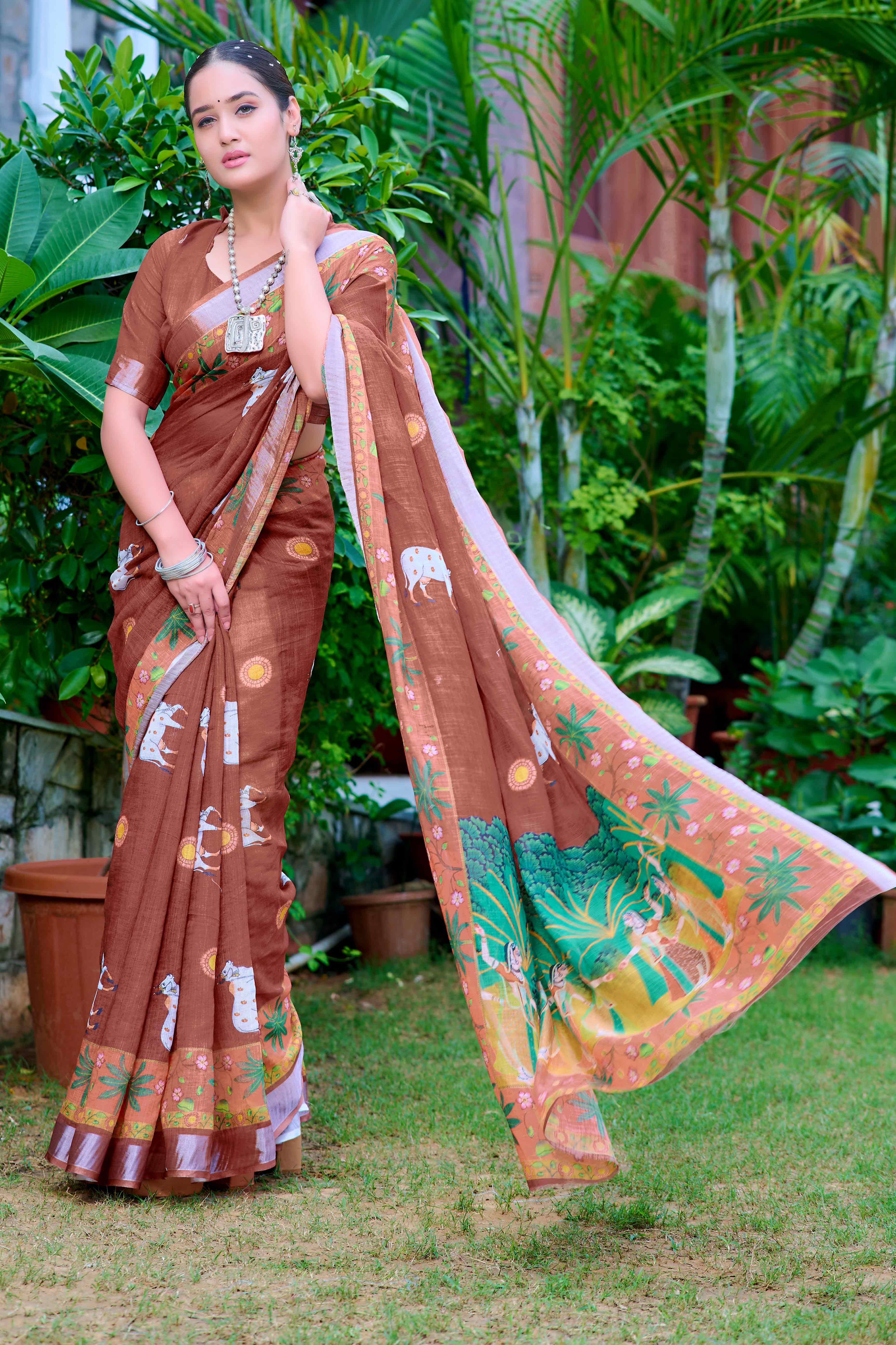 Brown Floral Printed Linen Saree - Image 3