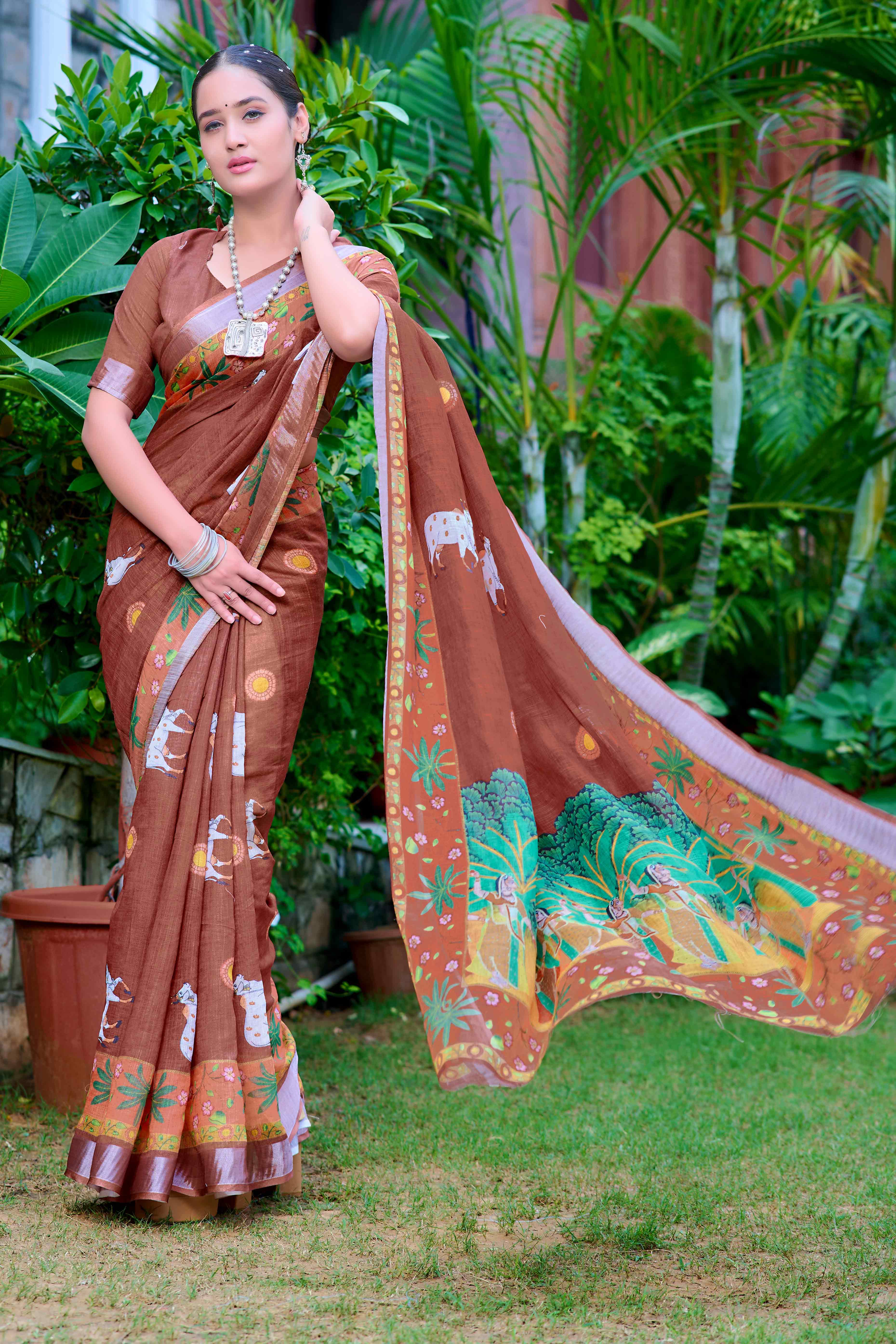 Brown Floral Printed Linen Saree - Image 4