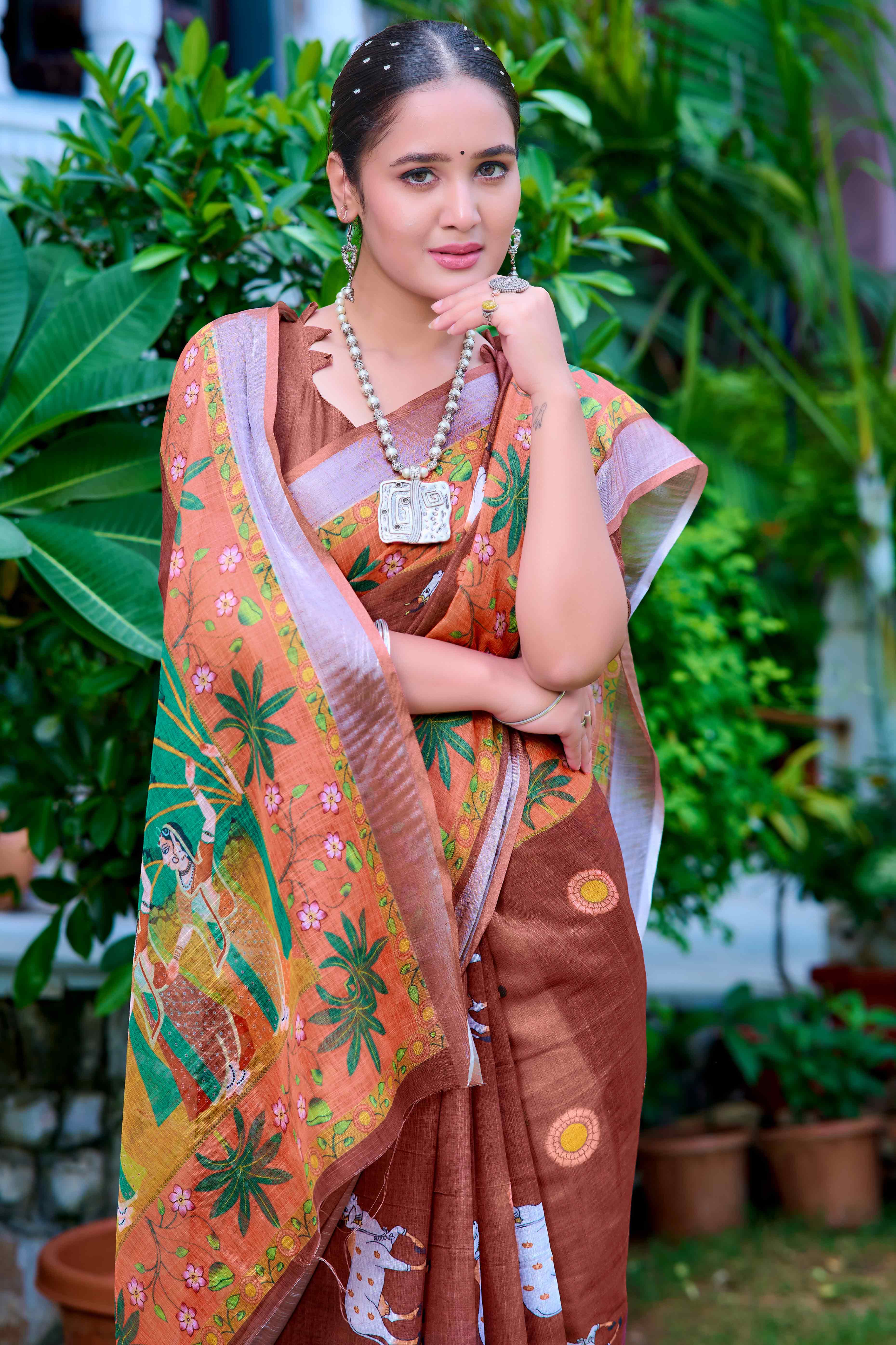 Brown Floral Printed Linen Saree - Image 7