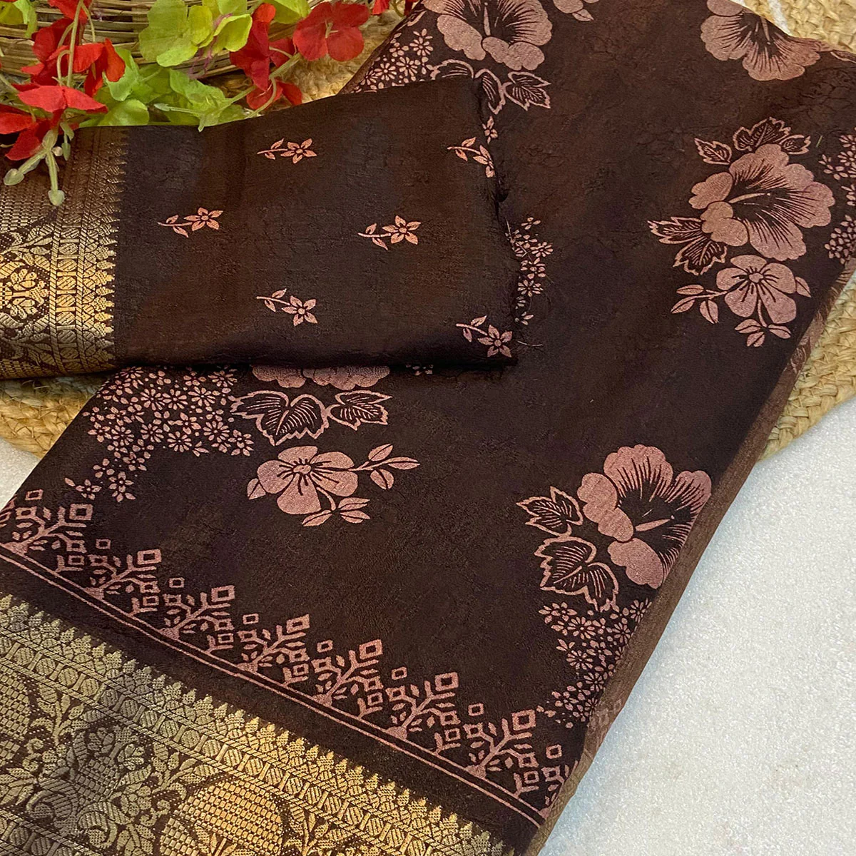 Brown Floral Printed Moss Art Silk Saree With Woven Border - Image 2