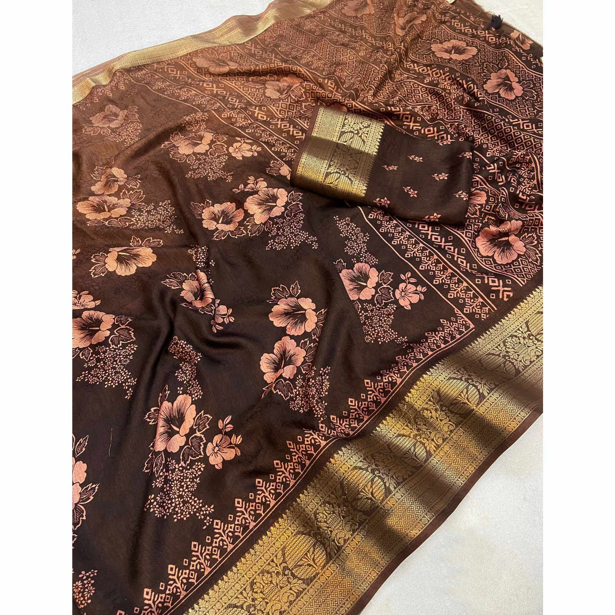 Brown Floral Printed Moss Art Silk Saree With Woven Border - Image 3