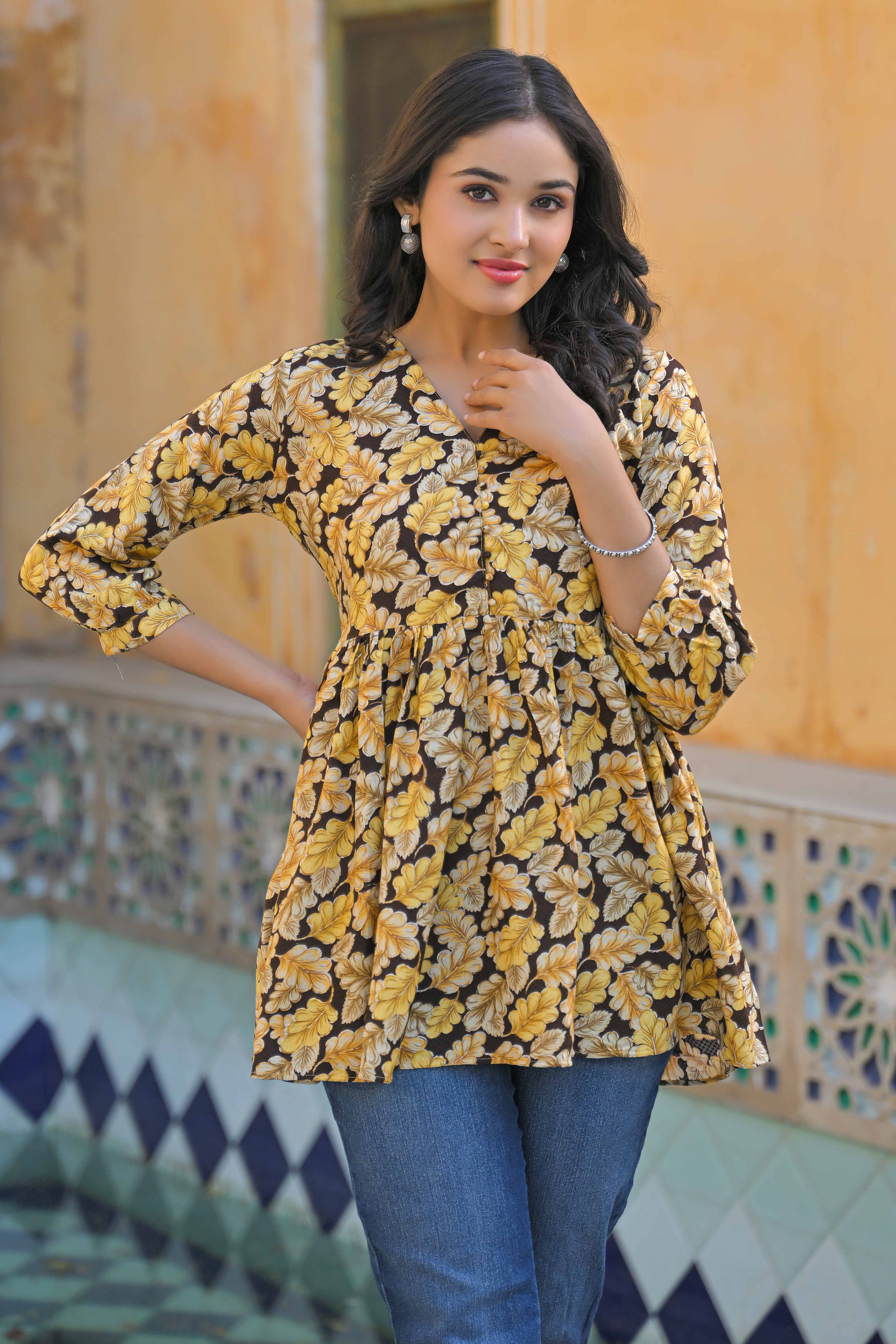 Brown Floral Printed Rayon A-Line Top - Image 3