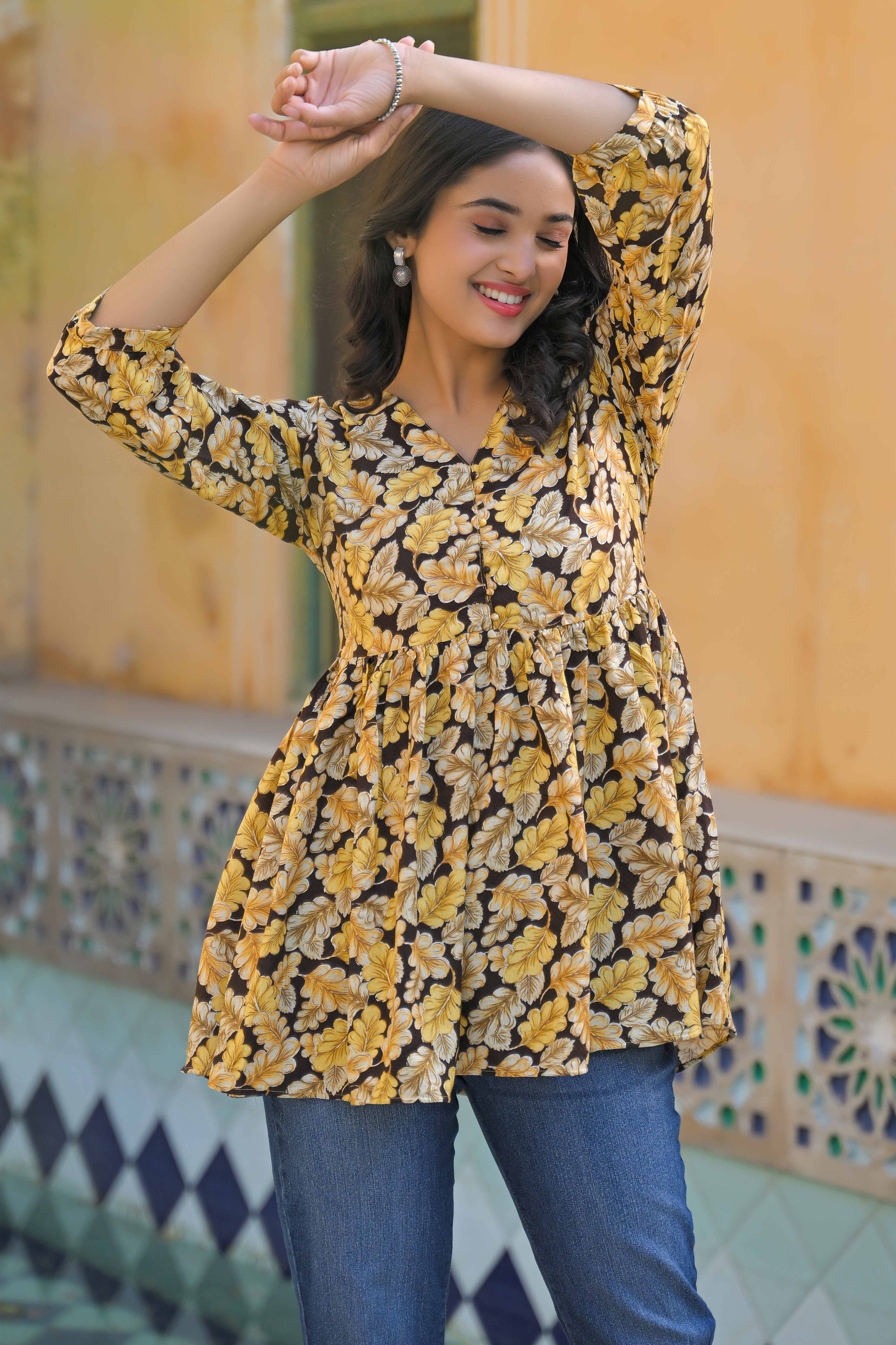 Brown Floral Printed Rayon A-Line Top - Image 4
