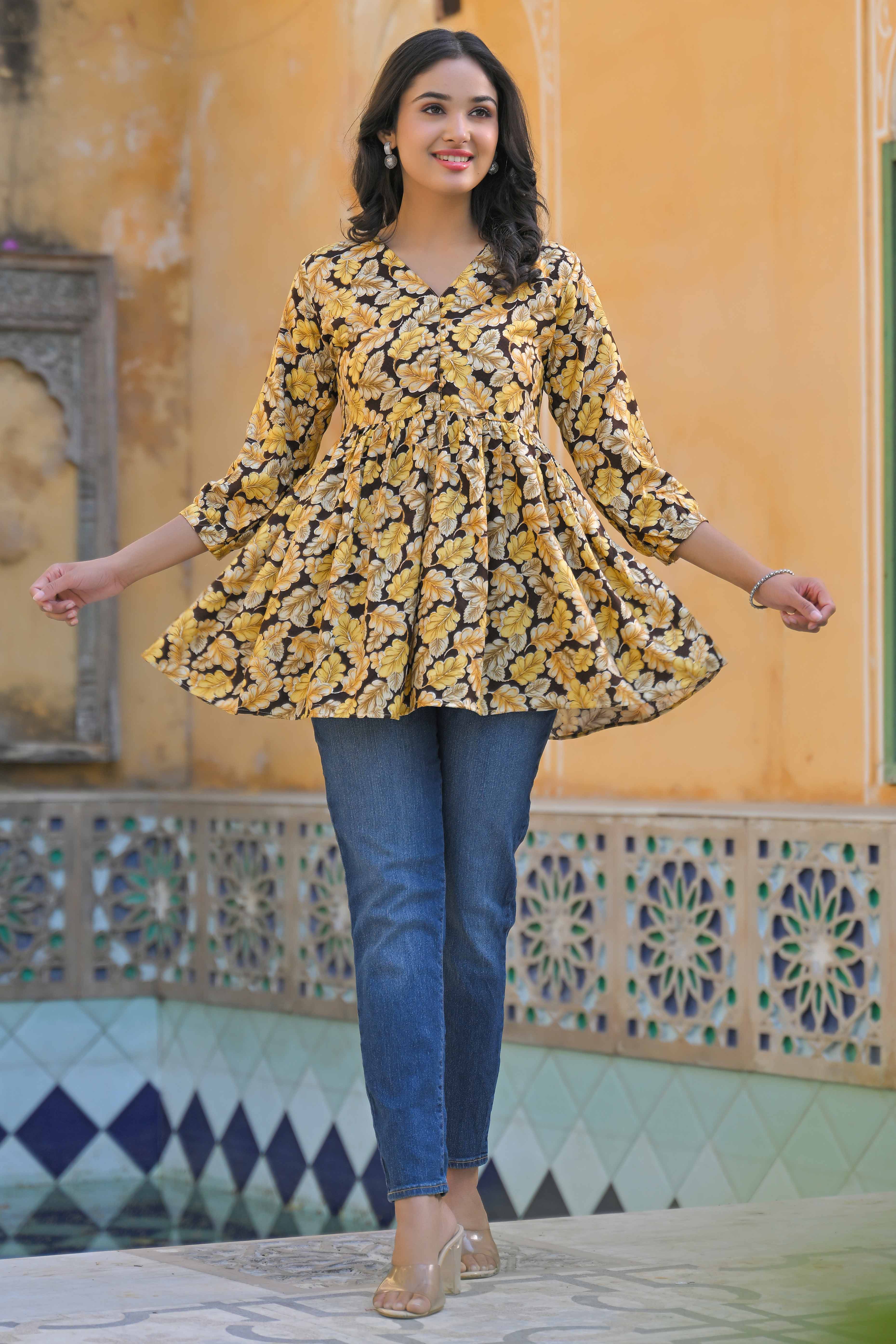 Brown Floral Printed Rayon A-Line Top - Image 5