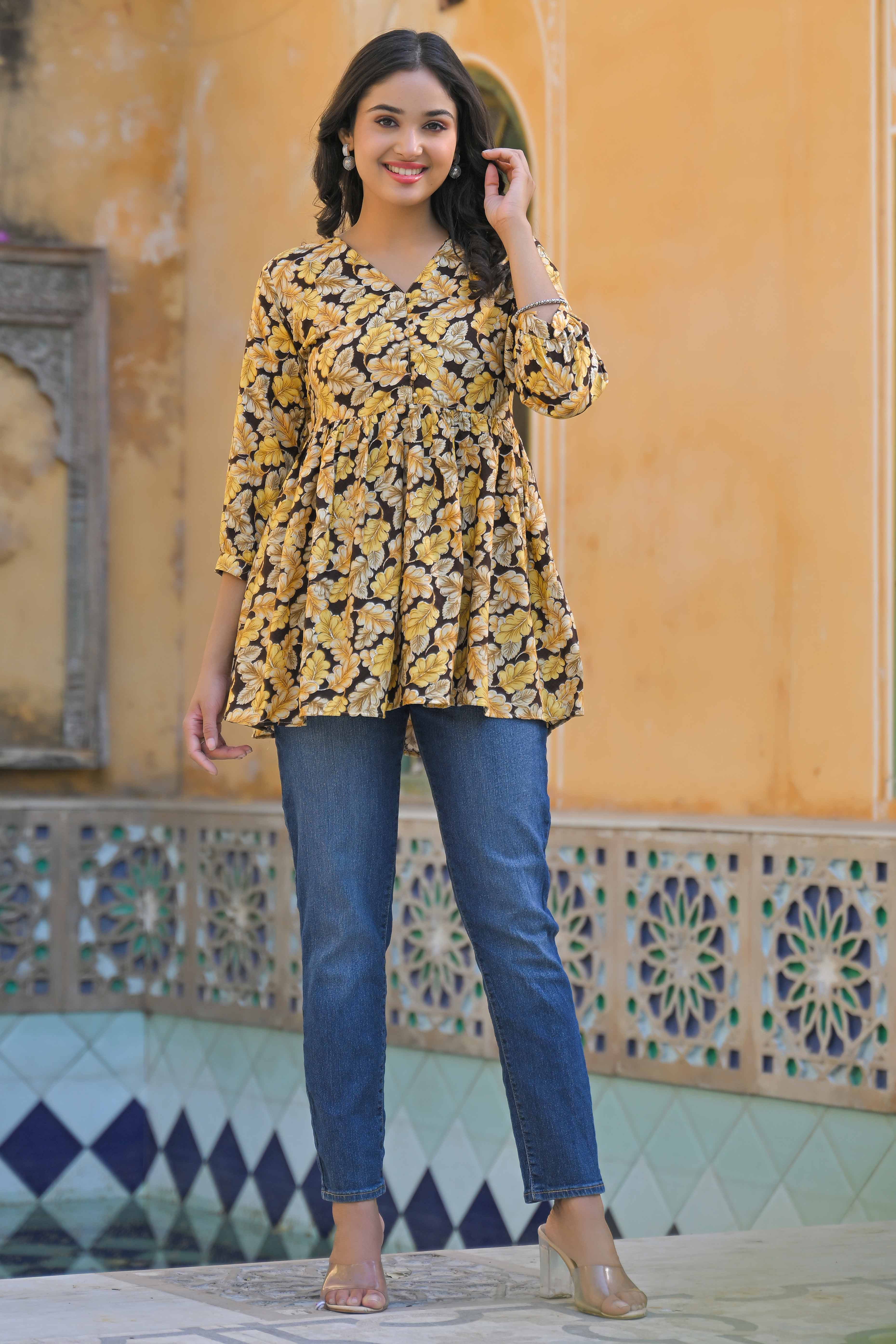 Brown Floral Printed Rayon A-Line Top - Image 7
