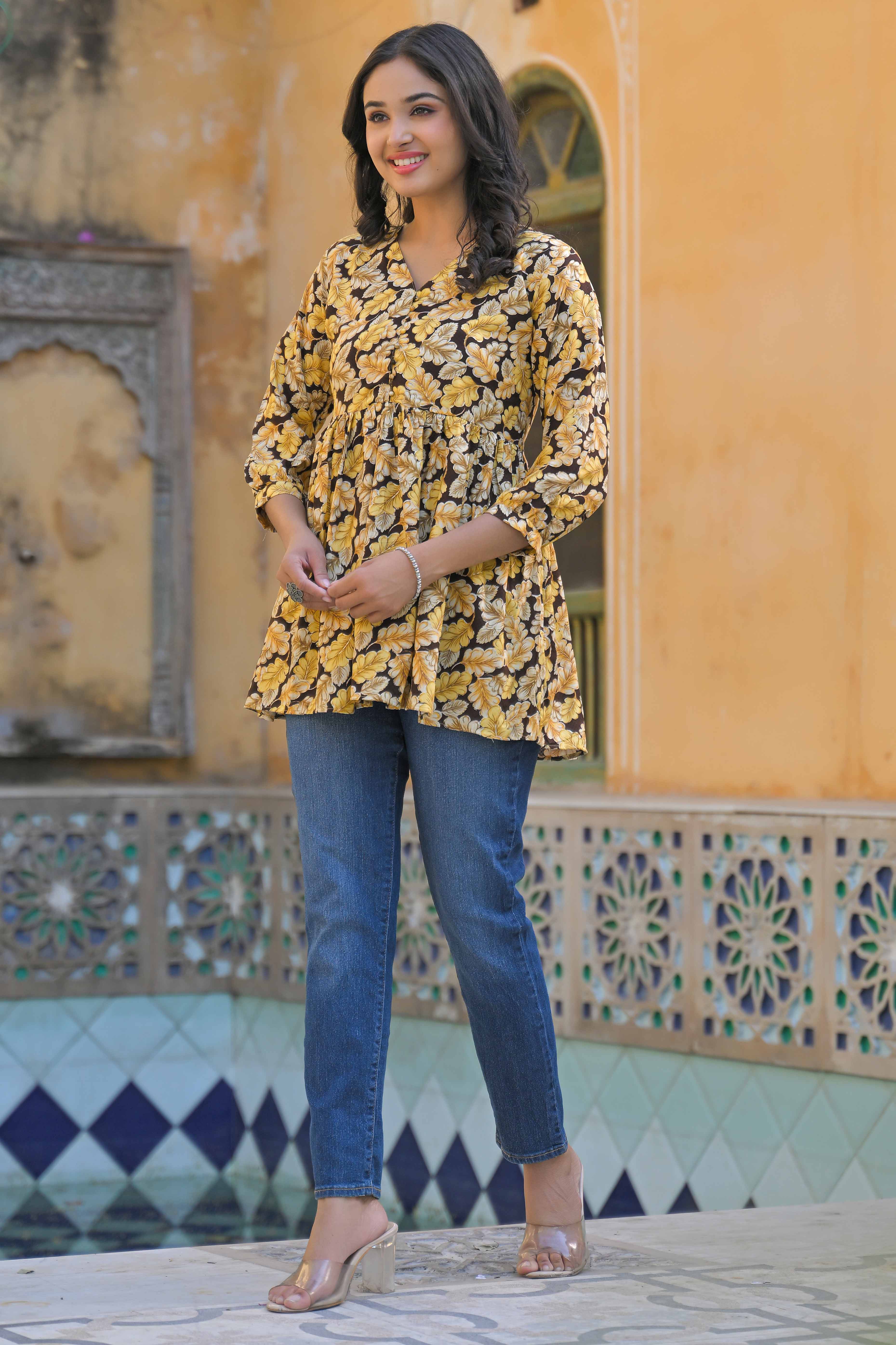 Brown Floral Printed Rayon A-Line Top - Image 8