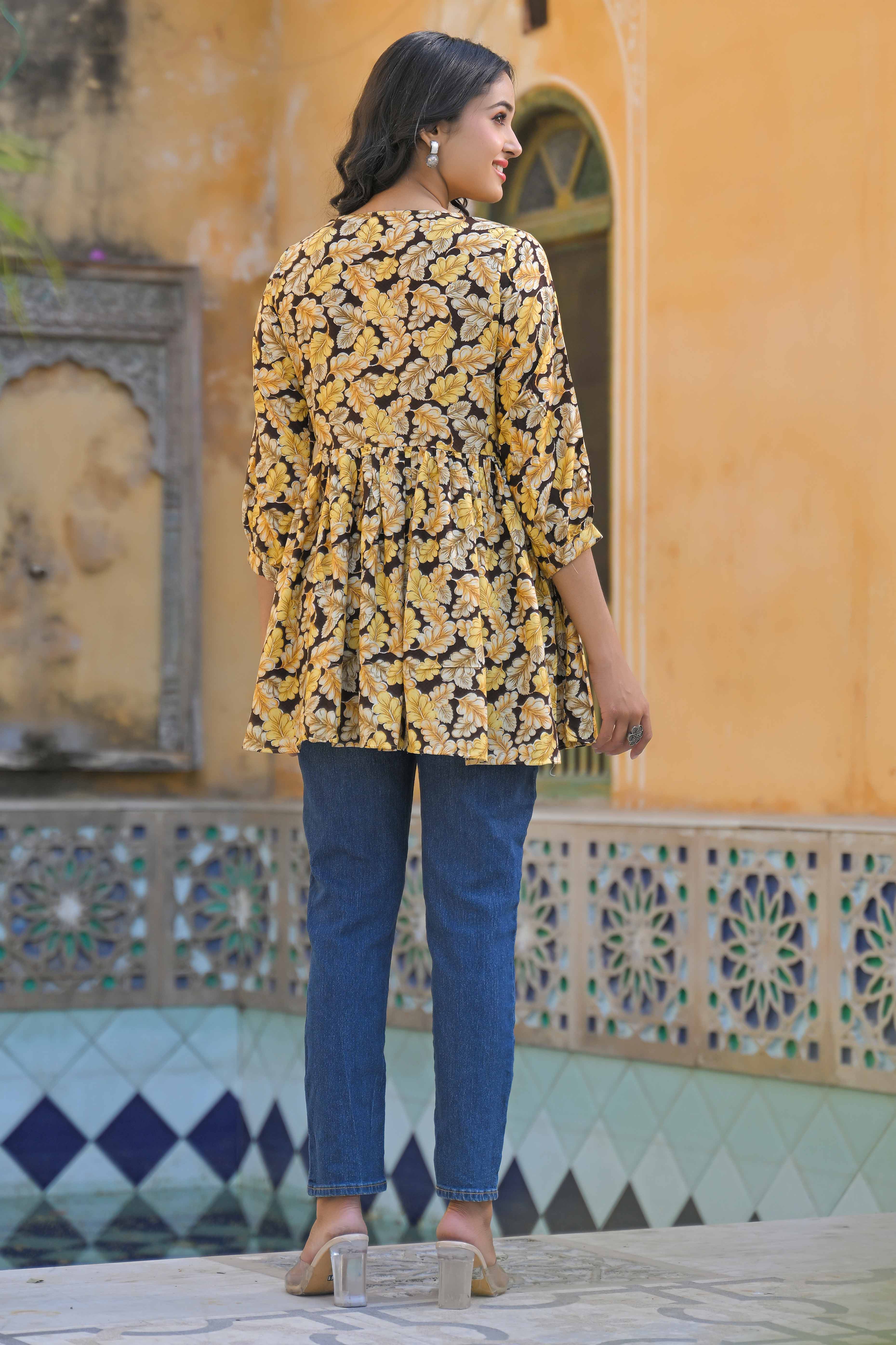 Brown Floral Printed Rayon A-Line Top - Image 9