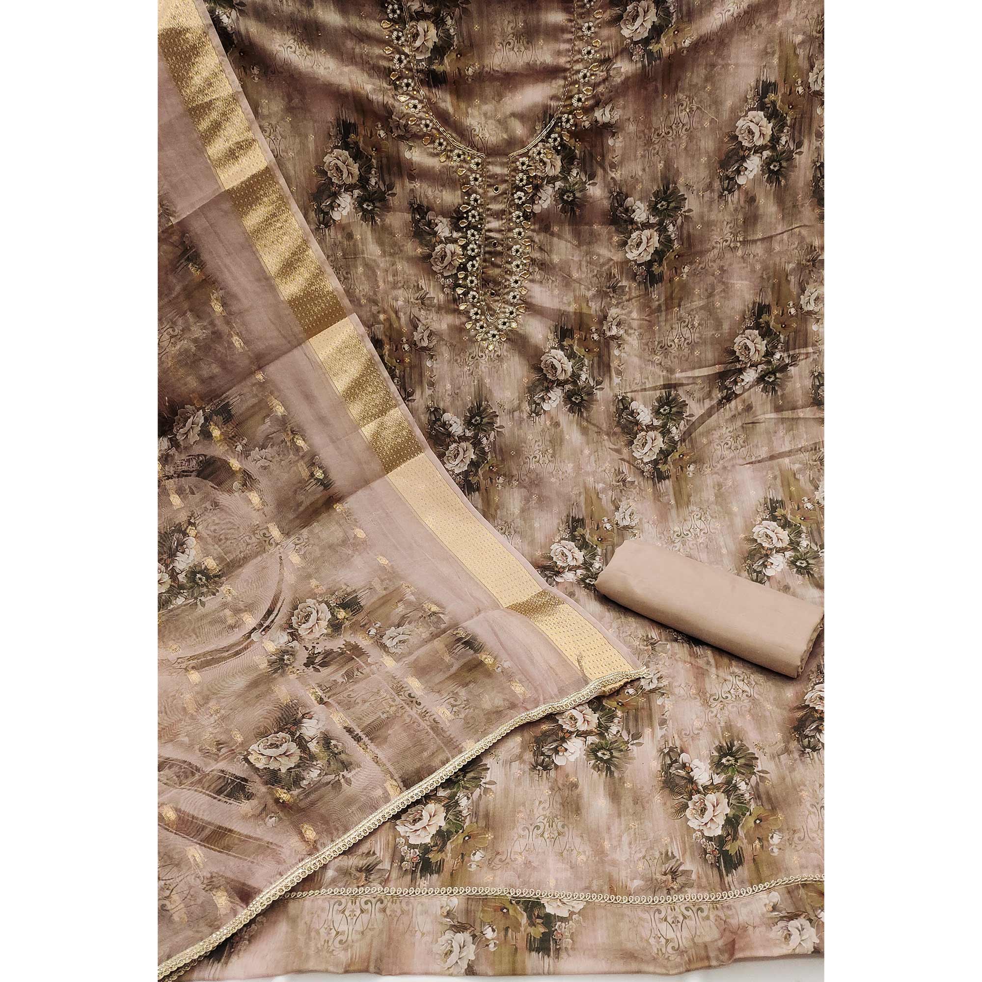 Brown Floral Printed With Handwork Muslin Dress Material - Image 4