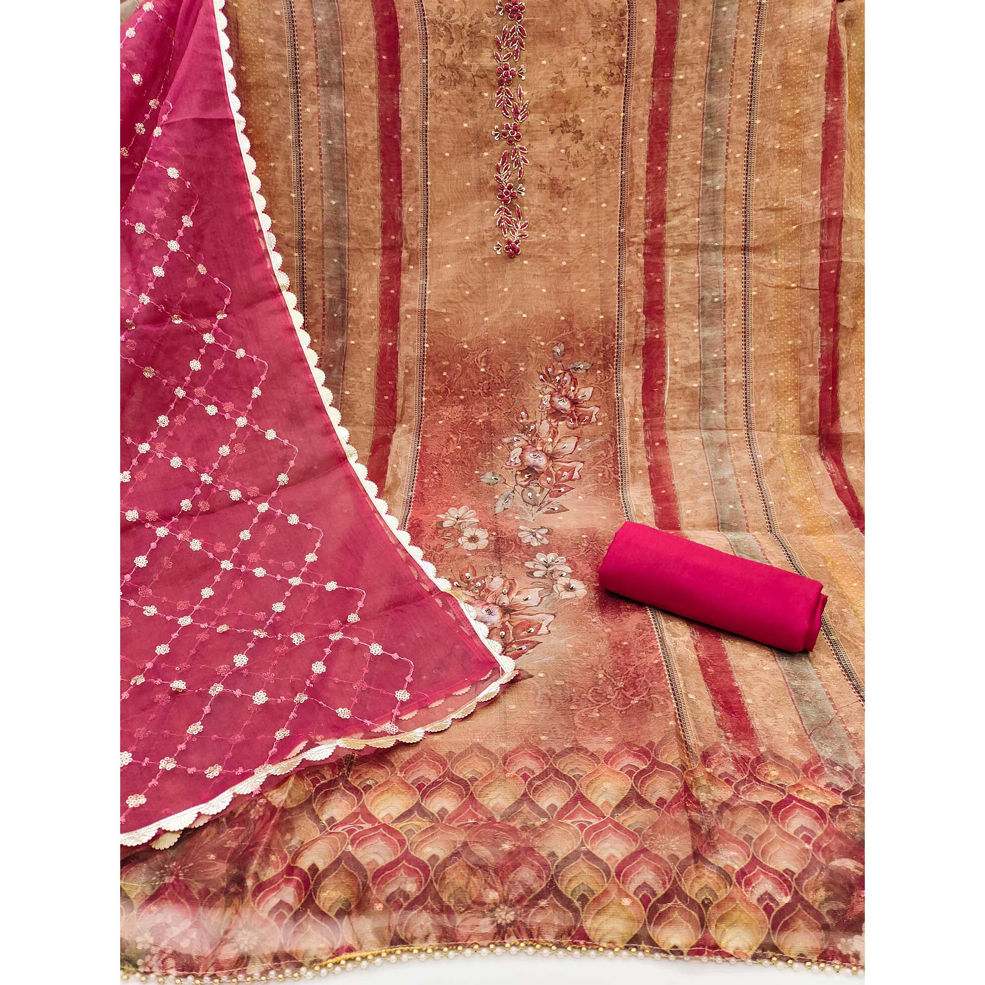 Brown Floral Printed With Handwork Shimmer Viscose Dress Material - Image 4
