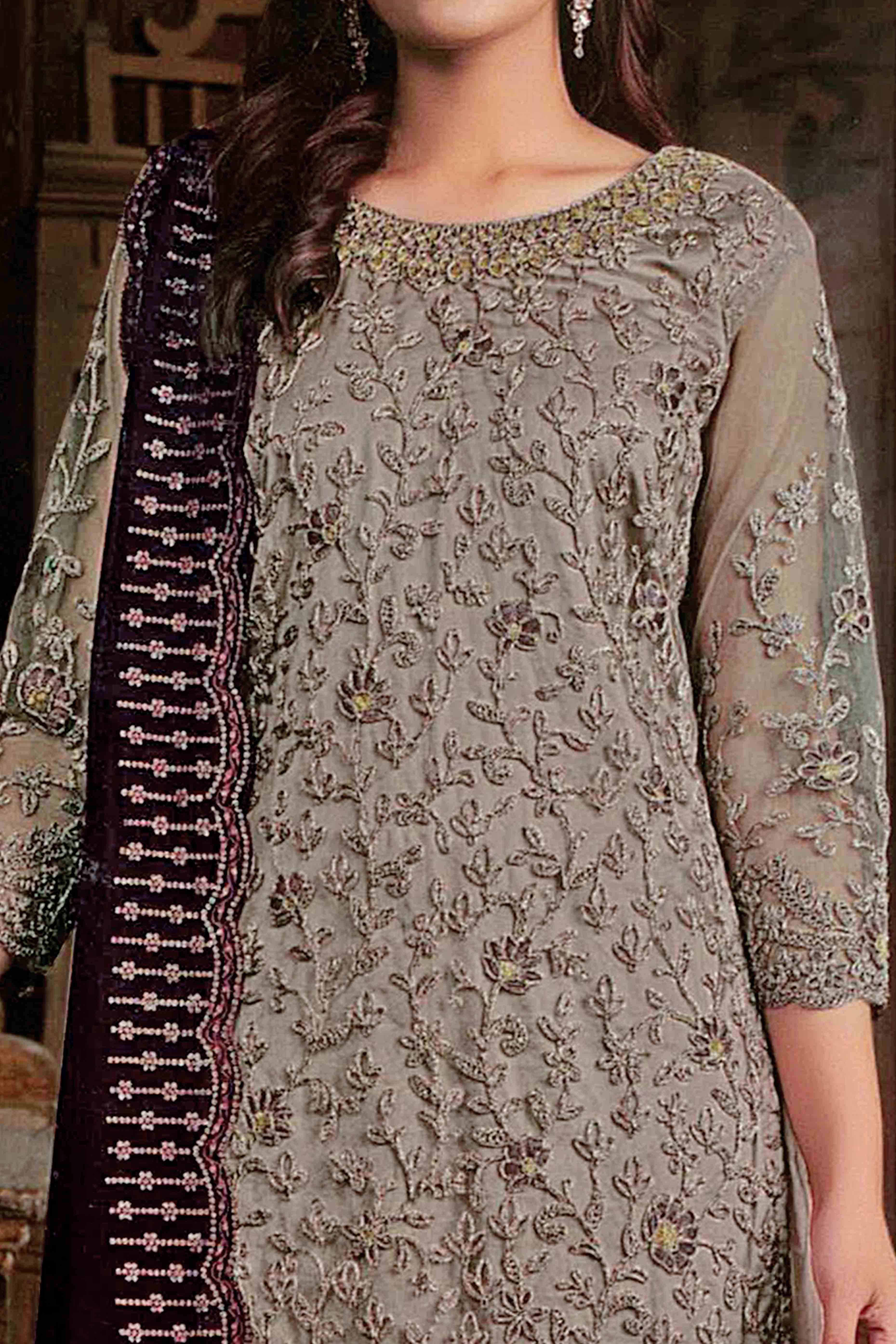 Brown Floral Sequins & Codding Embroidered Net Semi Stitched Suit - Image 2