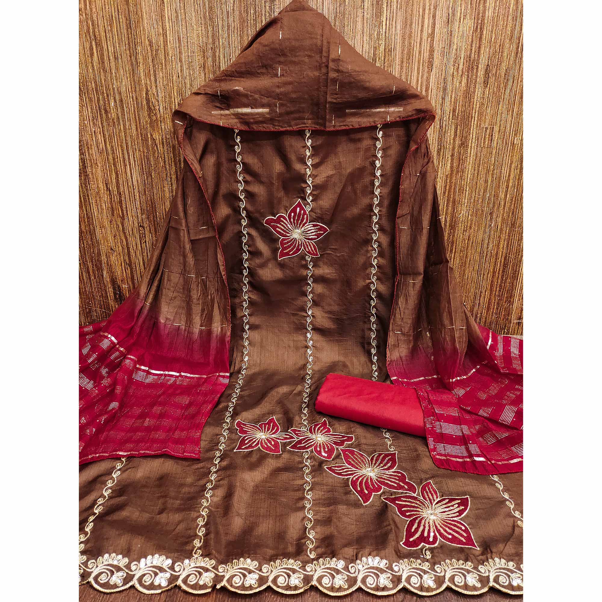 Brown Floral Sequins Embroidered Art Silk Dress Material - Image 3